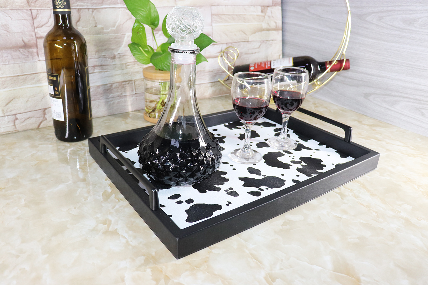 MCBZ Leather Decorative Serving Tray for Coffee Table - 16.5 x 12.6 Inches Black Tray with Metal Handles - Perfect for Living Room Decor, Dining Table Centerpiece & Gift Giving