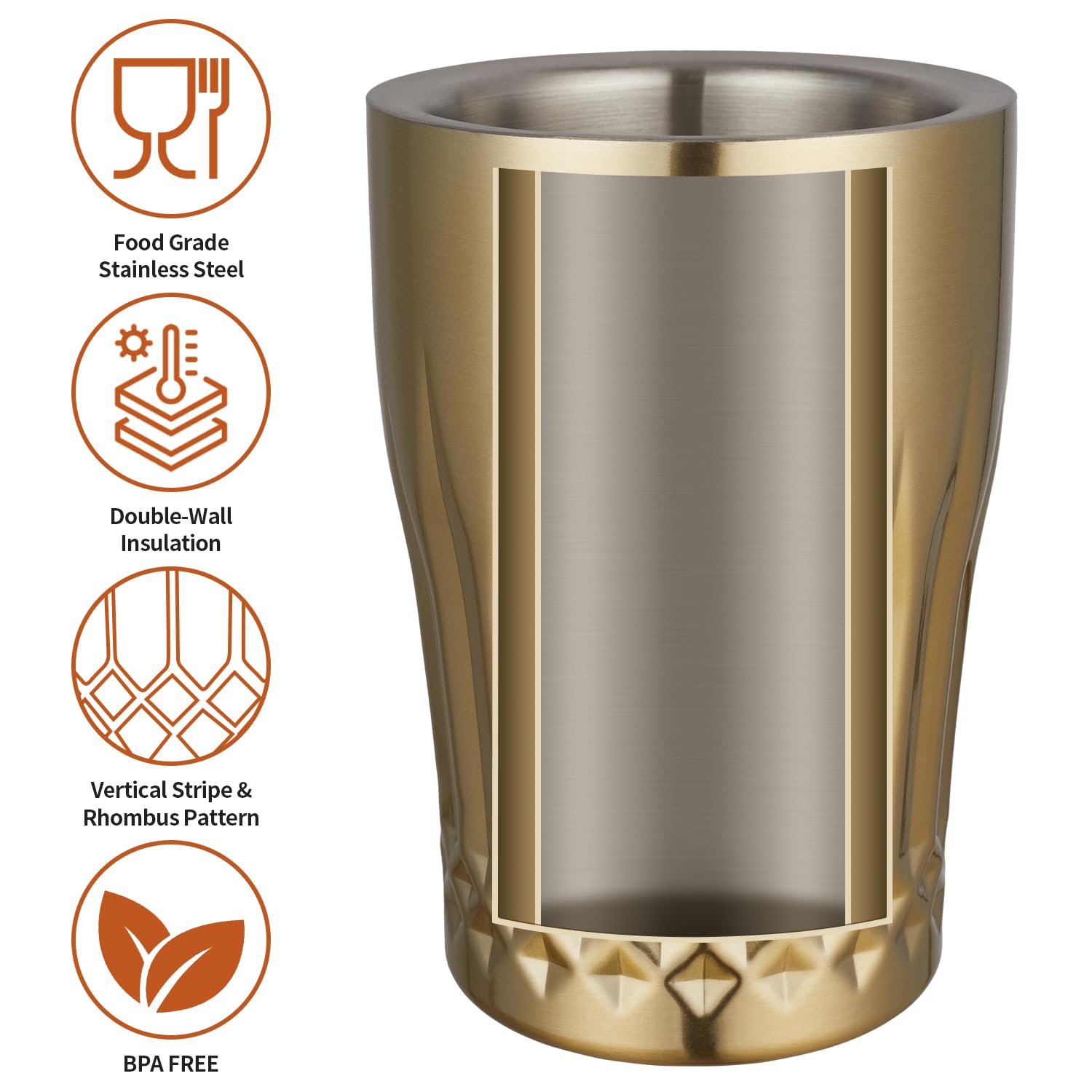 Premium Gold Wine Chiller Bucket - Double Wall Stainless Steel Wine Cooler with Vertical Stripe & Lozenge Pattern - Perfect for Champagne, White Wine & Sparkling Beverages - Elegant Bar Accessory for Parties, Weddings & Home Entertaining