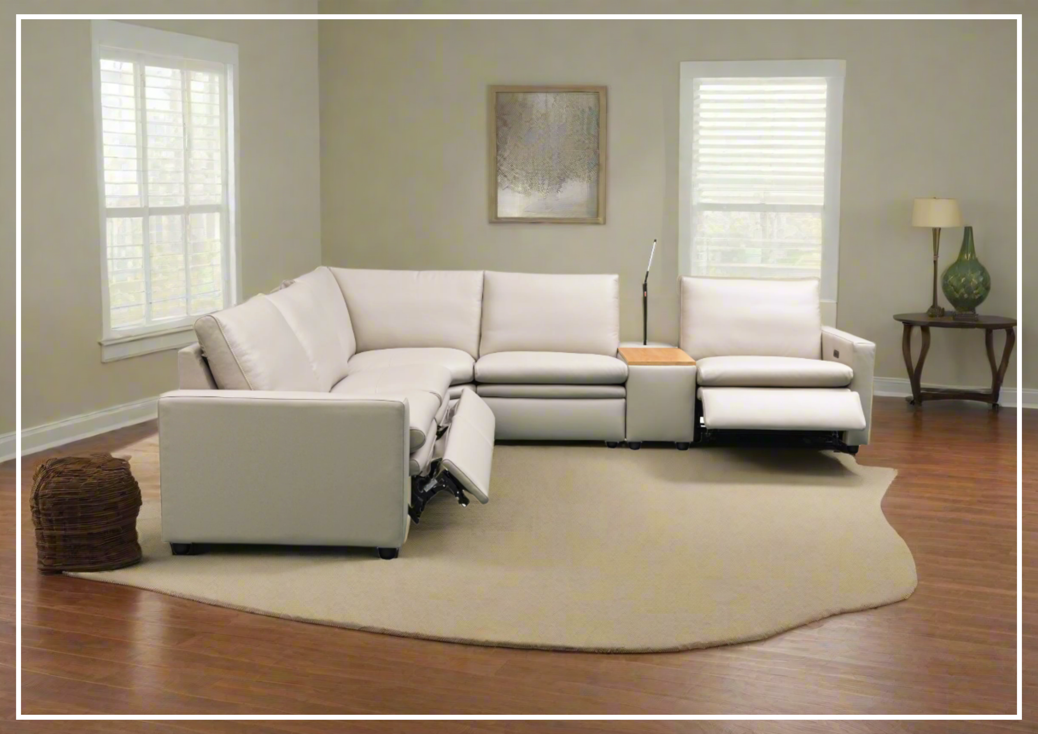 Klaussner Roma 6-Piece Beige Leather Power Reclining Sectional Sofa Set with USB Chargers - Modern Living Room Furniture for Home Theater & Family Gatherings