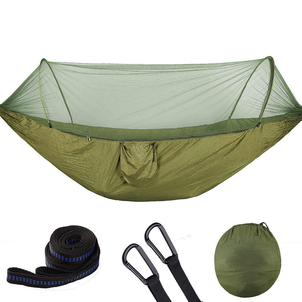 Portable Camping Hammock with Mosquito Net & Pop-Up Light - Army Green Outdoor Parachute Hammock for Backpacking, Hiking, Beach and Garden Relaxation