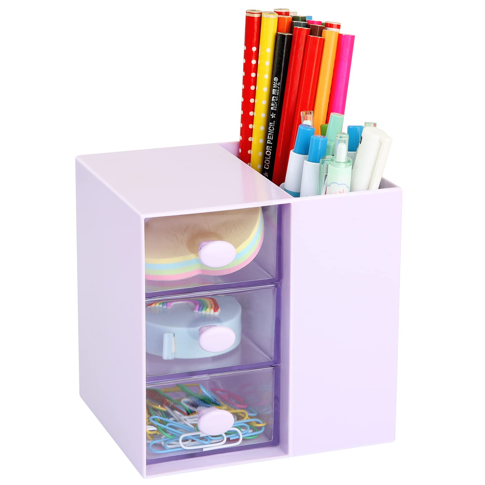 LETURE Small Desk Organizer with Drawer - Plastic Office & School Storage Box for Pens, Pencils, Markers, Cards & Stationery - Makeup Cosmetic Organizer (Purple) - Perfect for Home Office, Study Desk & Vanity Table Organization