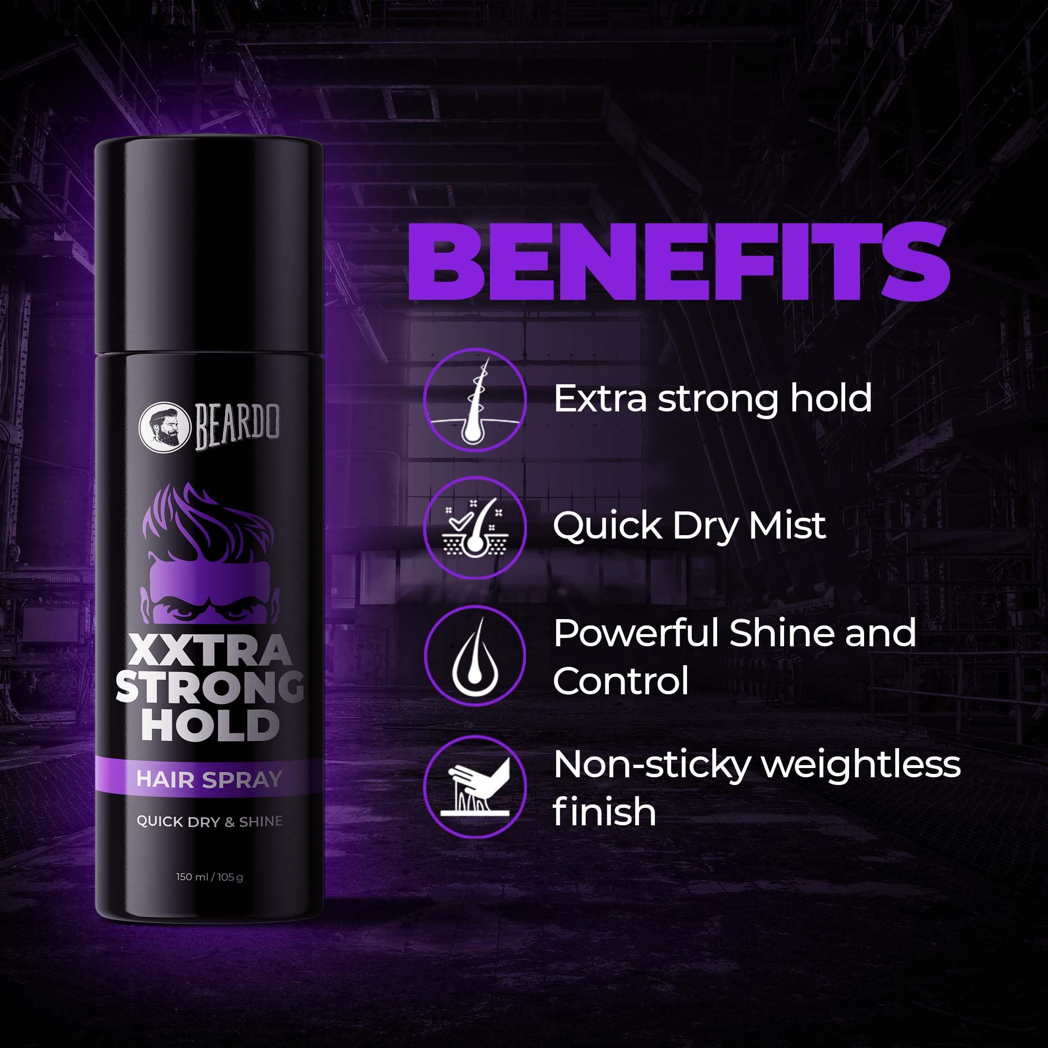 Beardo Xxtra Strong Hold Hair Spray for Men - 150ml/105g | Lightweight, Non-Sticky Extreme Hold Styling Spray | Perfect for All-Day Hairstyles, Weddings & Professional Looks