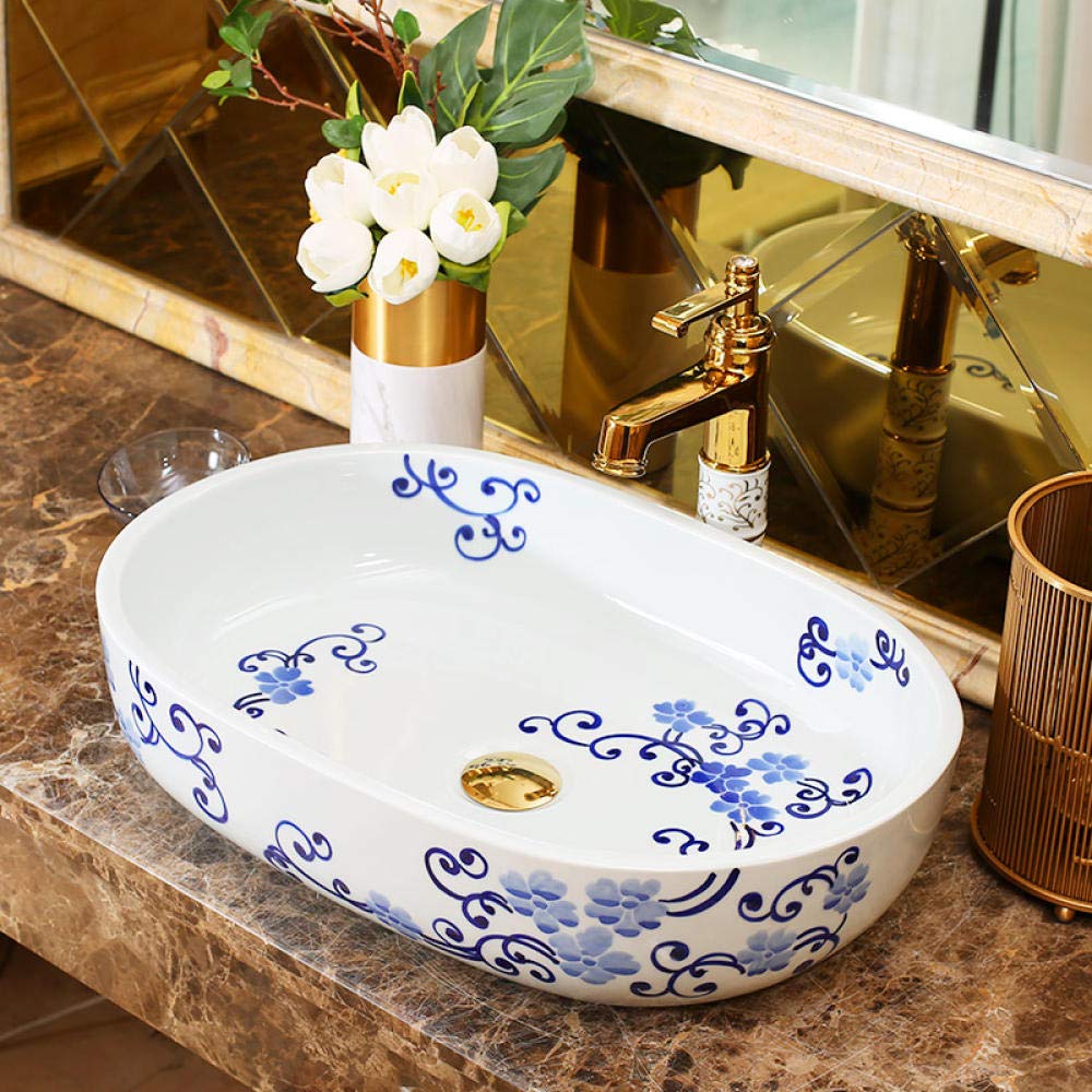 Handmade Ceramic Vessel Sink - Blue and White Oval Countertop Basin for Modern Bathroom Vanity | Perfect for Powder Rooms, Guest Baths & Luxury Home Decor