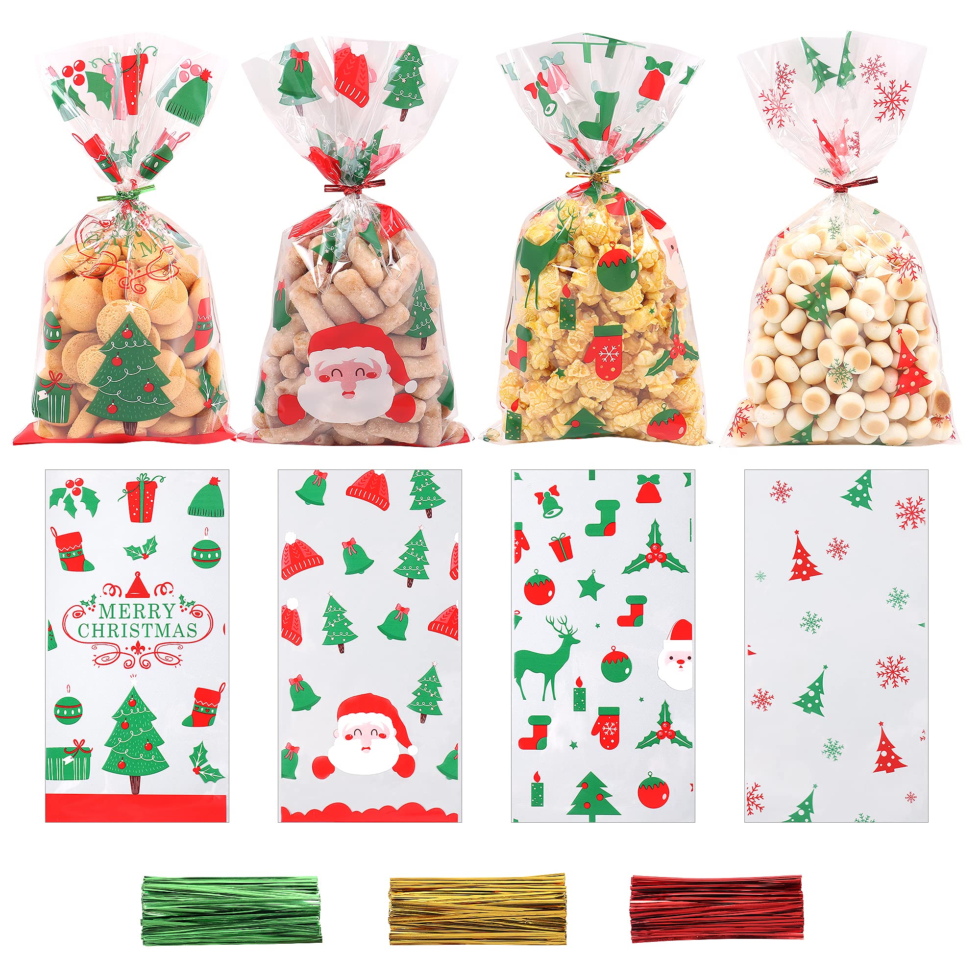 120Pcs Christmas Cellophane Treat Bags - 4 Styles (30 Pcs Each) with 150 Twist Ties for Candy, Cookies & Party Favors - Perfect for Christmas Parties, Gift Wrapping & Holiday Treat Bags