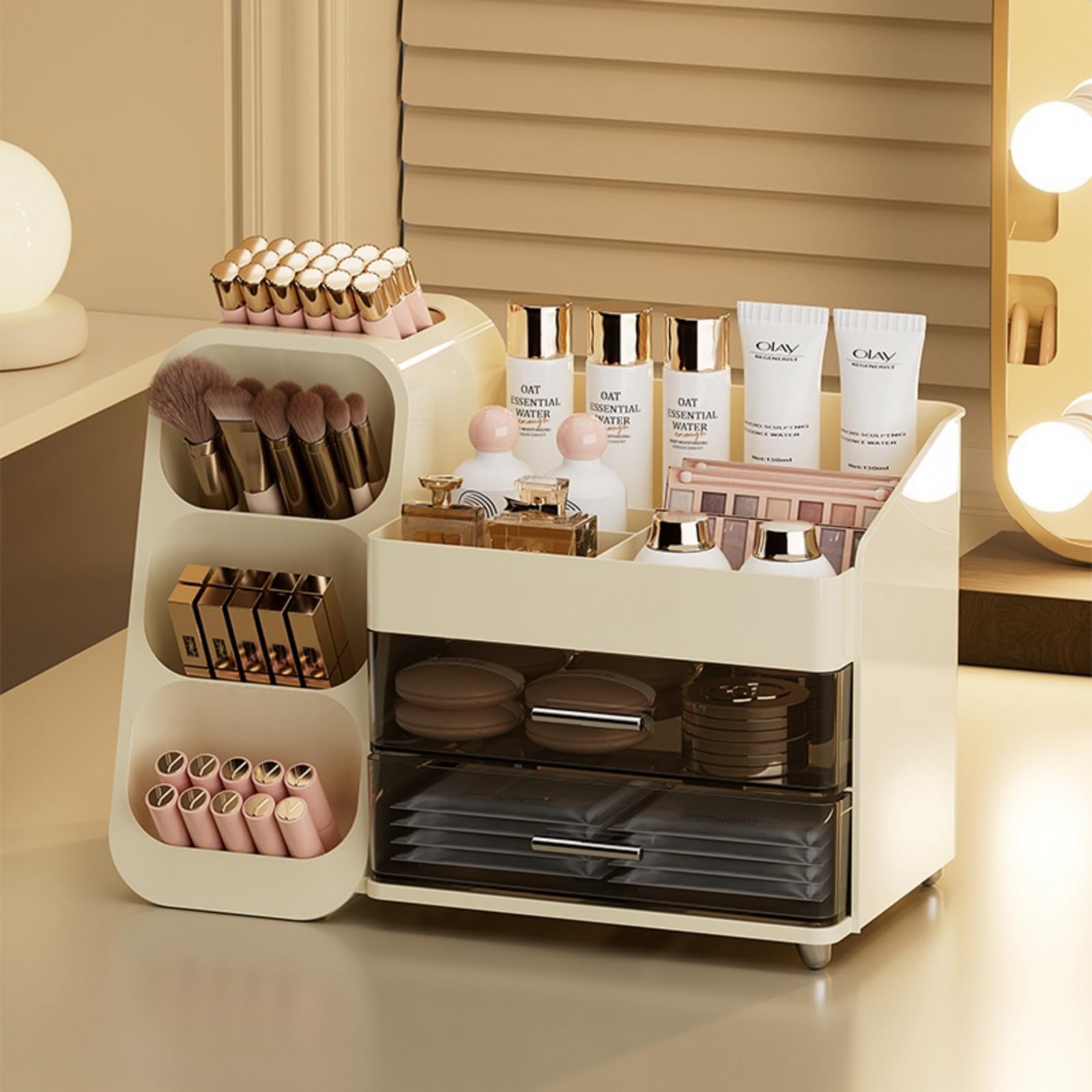 Makeup Organizer with Drawers - Spacious Cosmetic Storage Case for Vanity | Beauty Essential Organizer with Multiple Compartments | Perfect for Makeup Brushes, Lipsticks & Skincare Products (Cream)