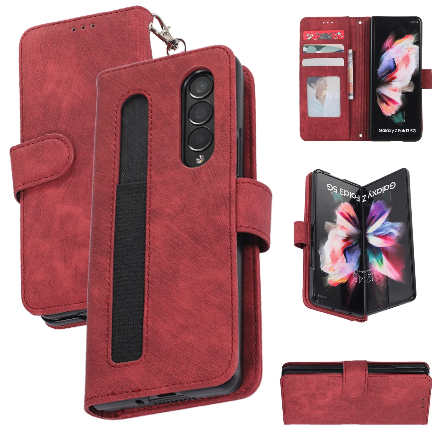 Samsung Galaxy Z Fold 4 PU Leather Wallet Case with Card Slots & S Pen Holder - Magnetic Kickstand Cover for Protection (Red) | Perfect for Business Travel & Daily Use