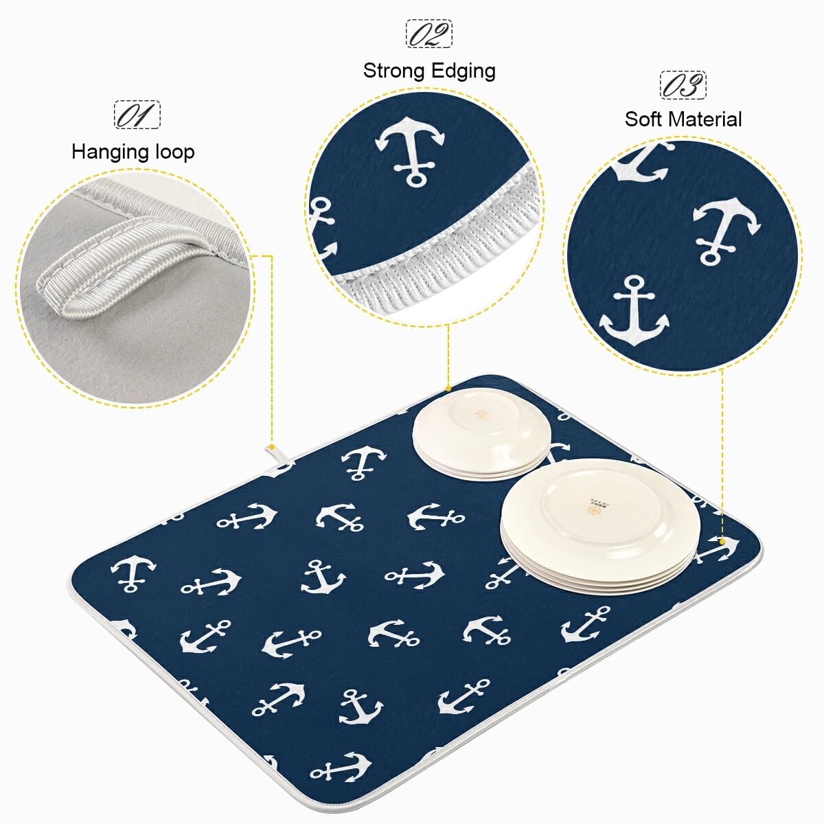 16x18 Marine Anchor Dish Drying Mat - Super Absorbent Kitchen Dish Drainer Pad | Fast Dry Non-Slip Kitchen Mat for Sink Countertop, RV & Boat Use