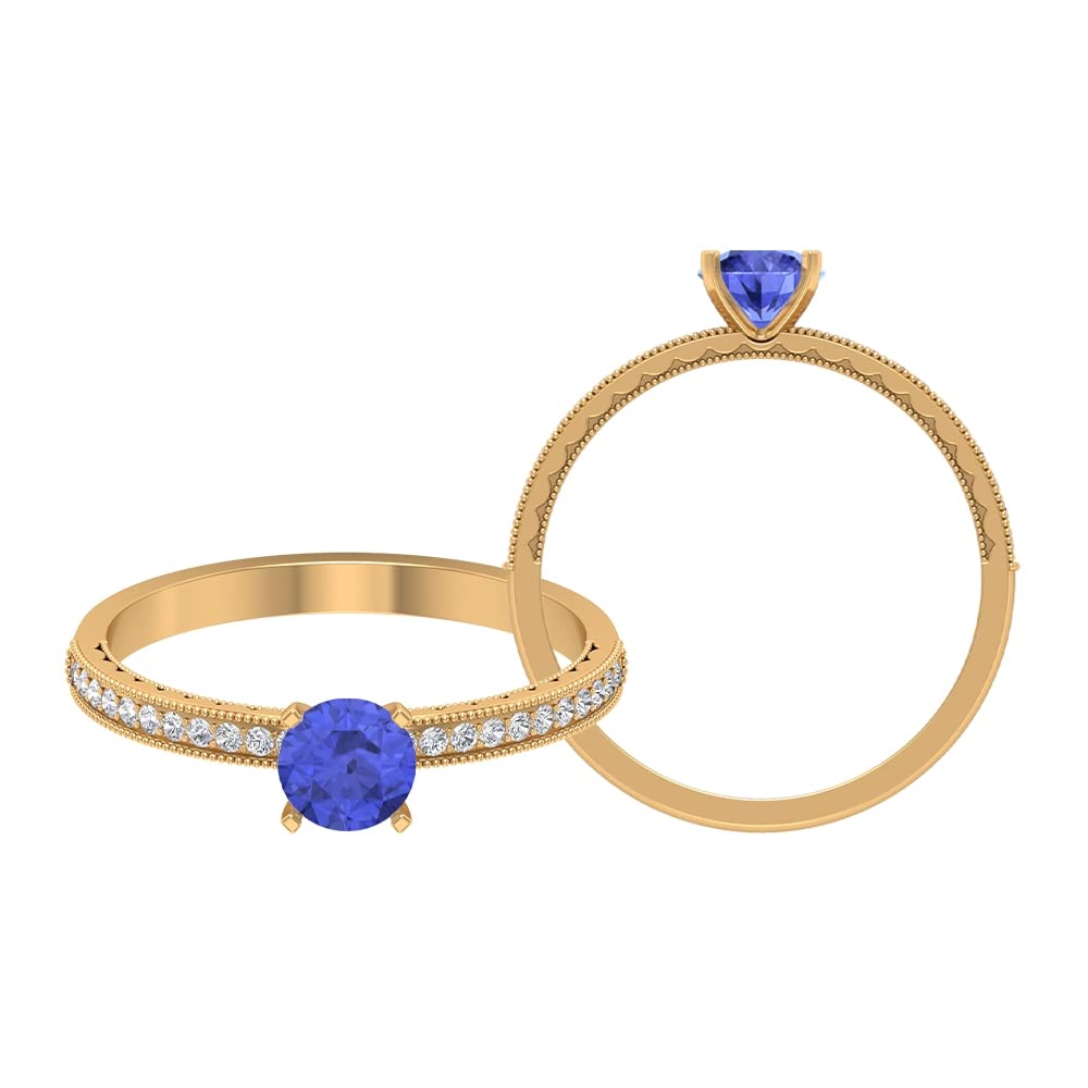 3/4 CT Tanzanite and Diamond Engagement Ring in 14K Solid Gold with Milgrain Detailing - Elegant Solitaire Tanzanite Ring with Diamond Side Stones for Proposal, Wedding, Anniversary & Special Occasions