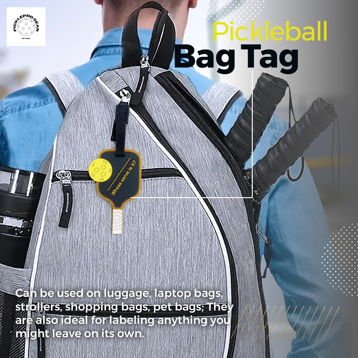 ID Tag Bag Buddy - Who's Serve is It? - Durable PVC Sports Luggage Tag with Funny Pickleball Sayings - Perfect Travel & Sports Accessory for Pickleball Players - Ideal for Gym Bags, Tennis Courts & Airports