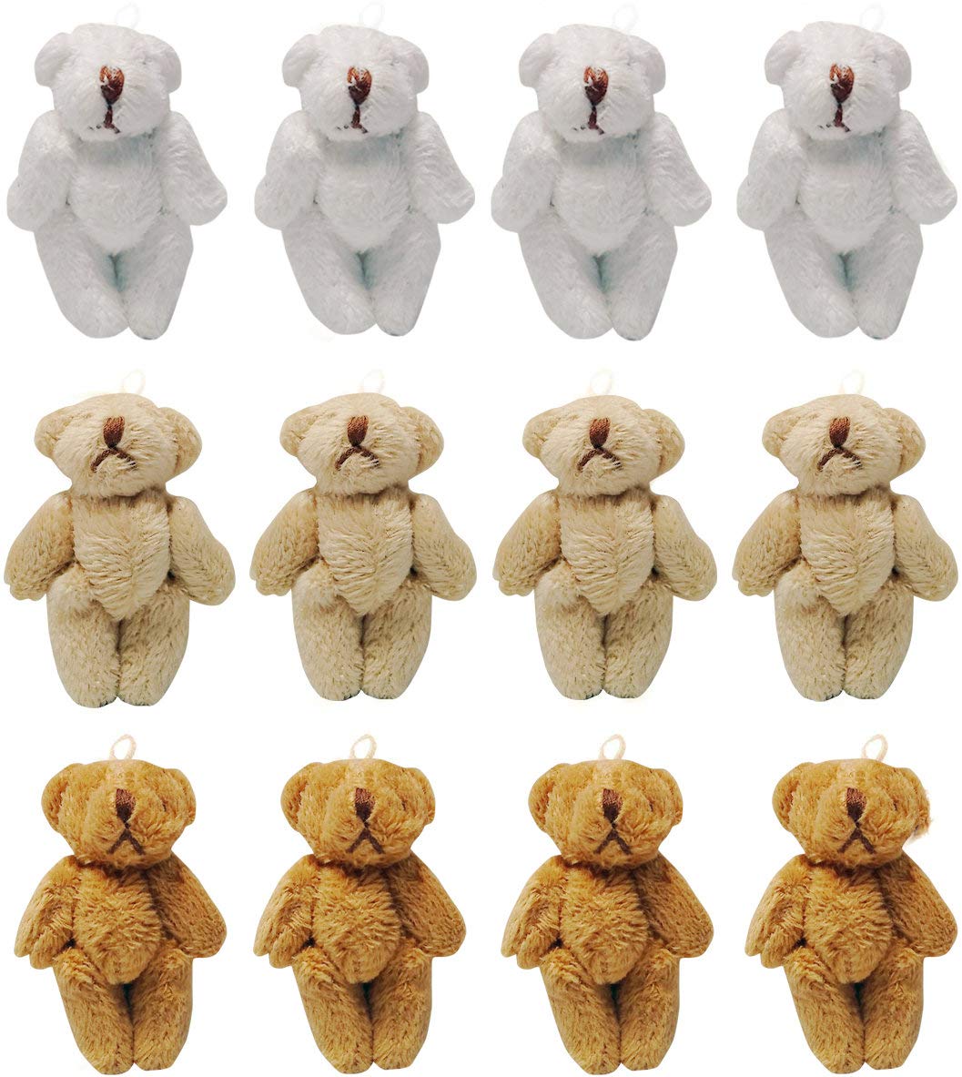 12Pcs White Light Brown & Brown Jointed Teddy Bear Plush Toys - 6CM Mini Stuffed Animals for Wedding Cake Decorations, Birthday Party Favors, DIY Accessories & Gift Box Fillers | Cute Collectible Dolls for Home Decor & Baby Shower Supplies