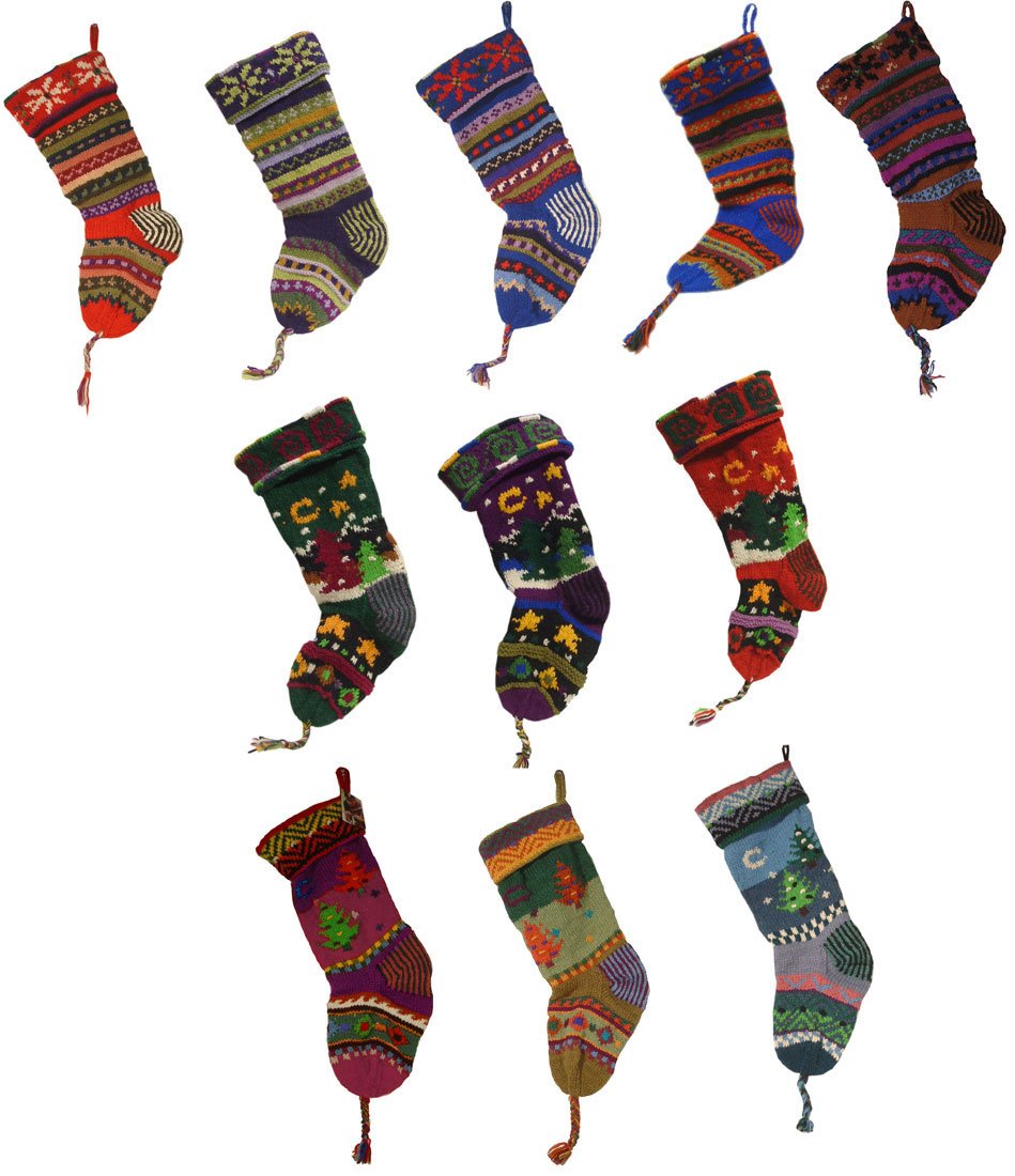 Fair Trade Organic Handknit Wool Christmas Stockings - Eco-Friendly Holiday Decor, Keepsake Quality, Blue Christmas Tree Design - Perfect for Fireplace Mantel, Gift Exchange & Festive Home Decor