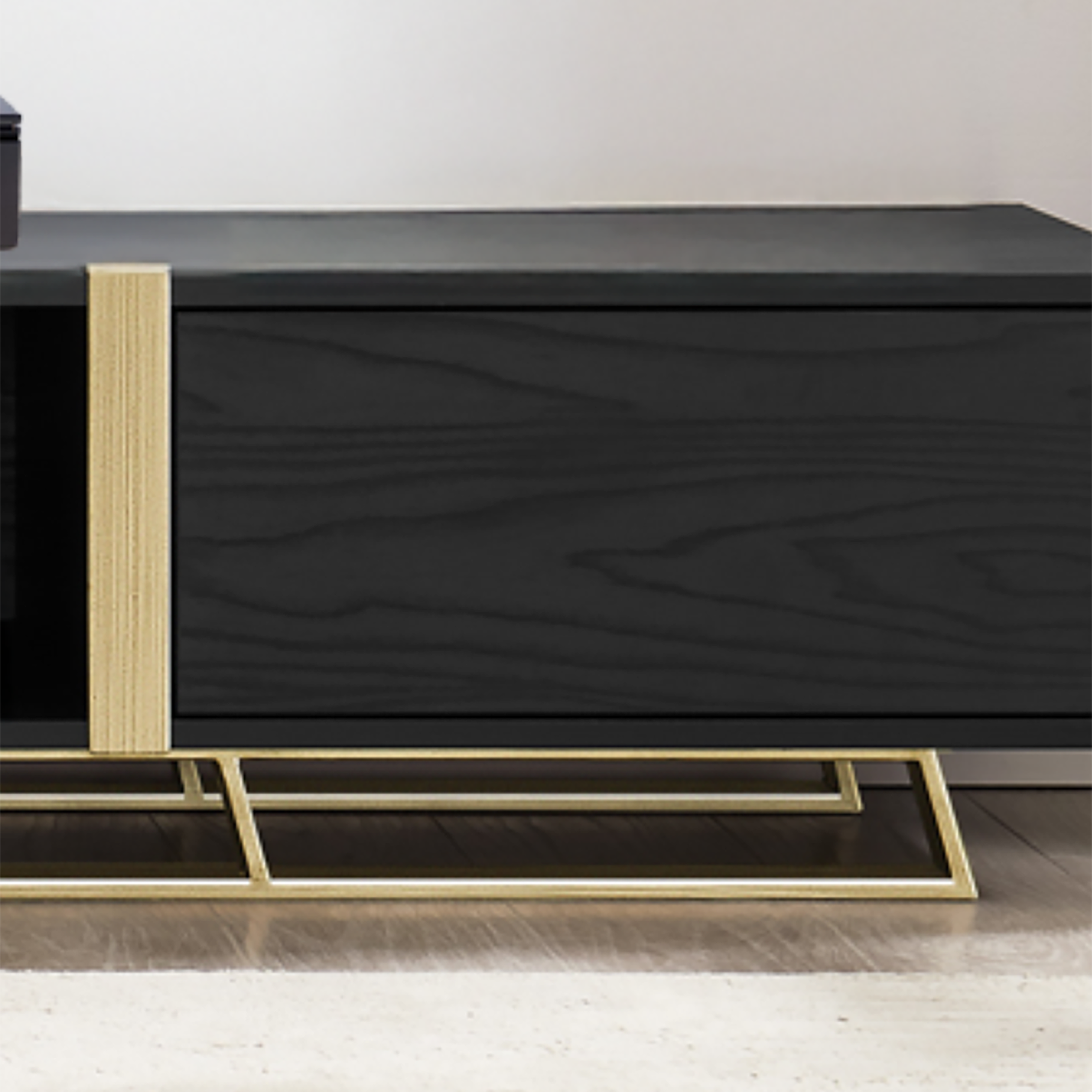 Modern Capri TV Stand 2000mm Low Profile Entertainment Center in Black Oak & Gold - Perfect for Living Room, Home Theater & Media Storage