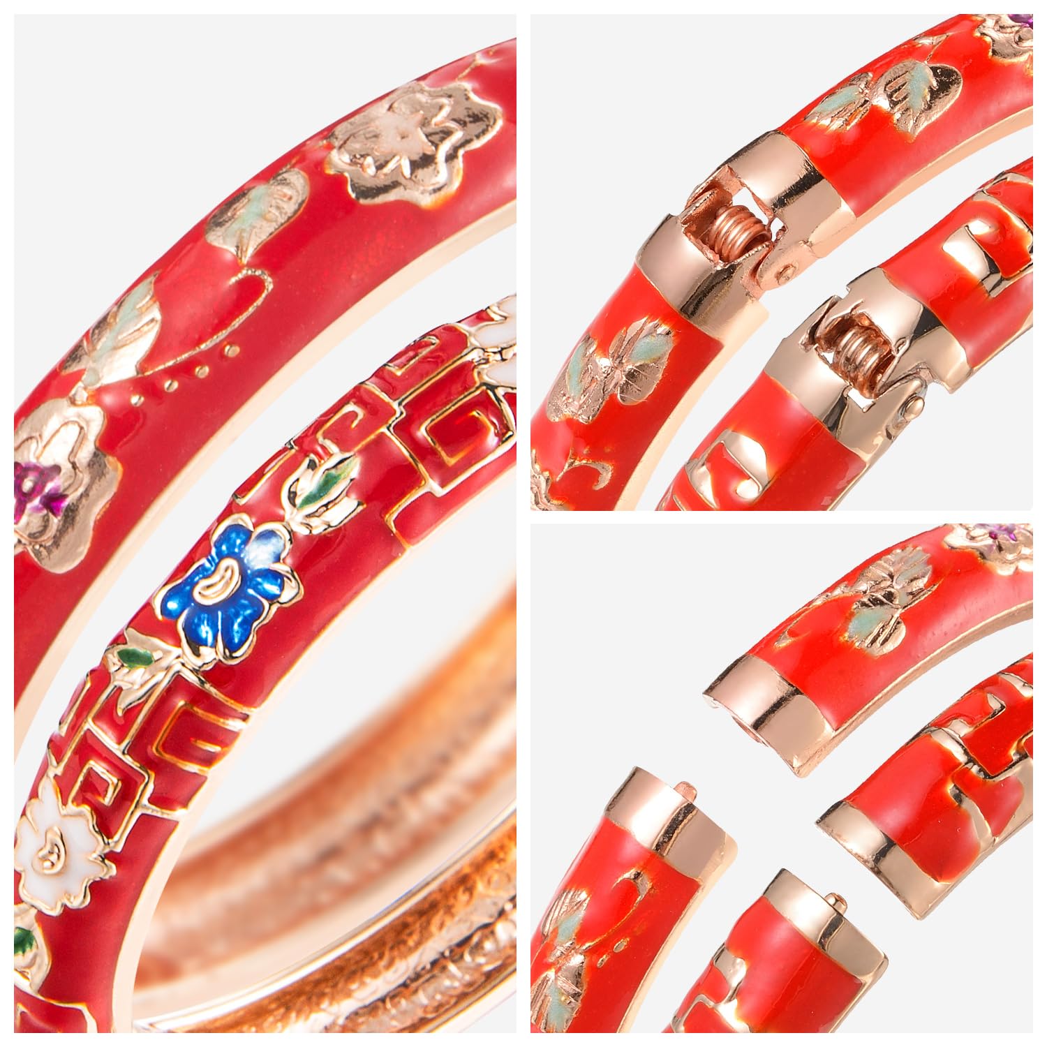Vintage Cloisonne Enamel Flower Bracelet for Women - Gold Plated Cuff Bangle with Gift Box | Elegant Boho Jewelry for Parties, Weddings & Special Occasions