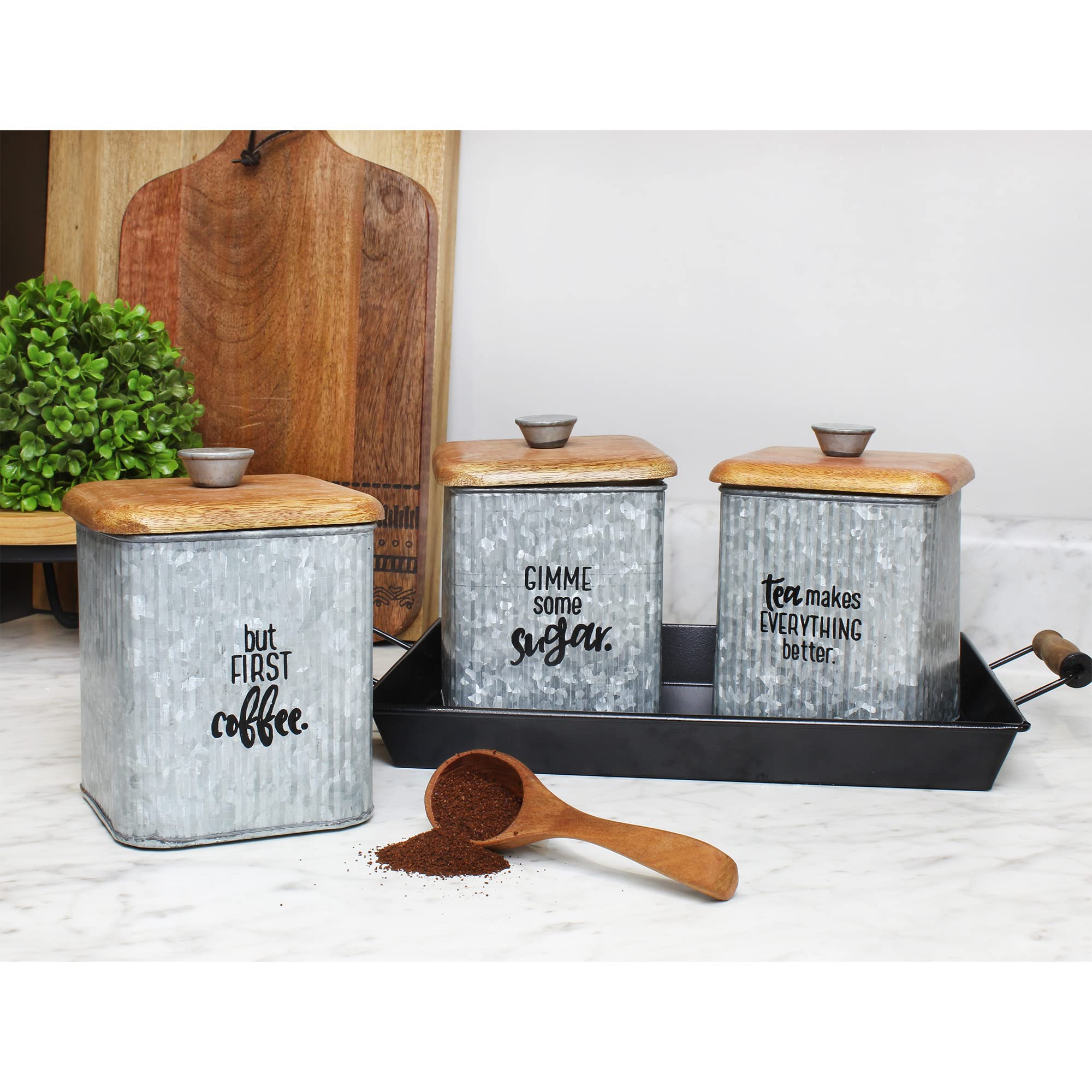 AuldHome 3-Piece Farmhouse Galvanized Canister Set - Rustic Wood & Metal Storage Containers for Coffee, Tea, Sugar - Kitchen Pantry Organization & Countertop Decor