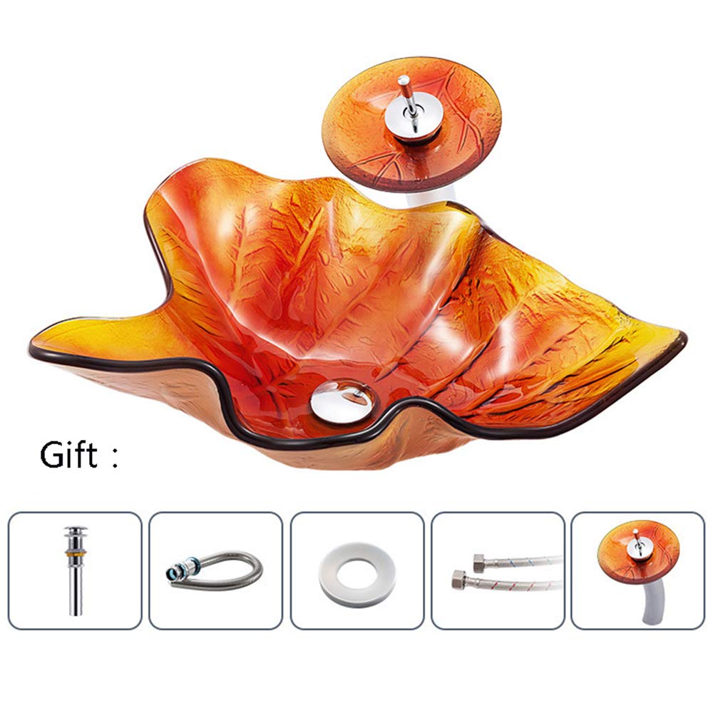 Modern Maple Leaf Shaped Tempered Glass Bathroom Vessel Sink with Waterfall Faucet - Countertop Installation, Artistic Vanity Sink with Pop-Up Drain (Orange) - Perfect for Contemporary Bathrooms, Spa Retreats & Luxury Home Decor