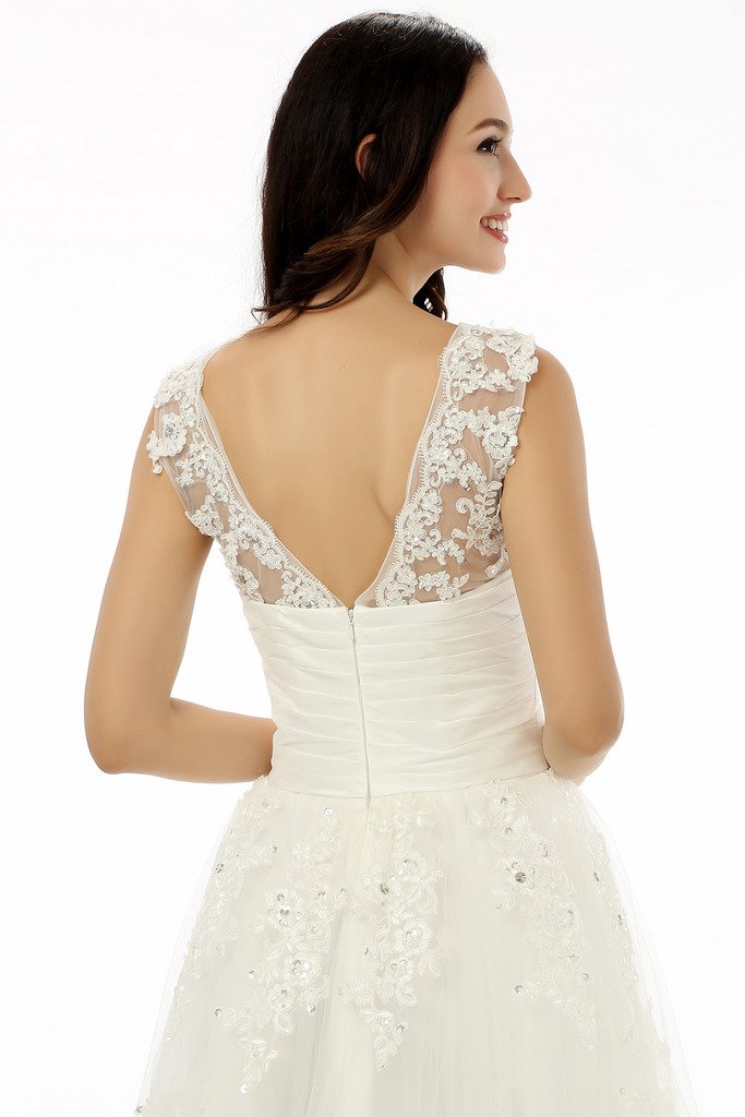 Engerla Women's Tea-Length Wedding Dress with Straps, Tulle Applique & Crystal Details – Perfect for Bridal Showers, Beach Weddings, and Vow Renewal Ceremonies