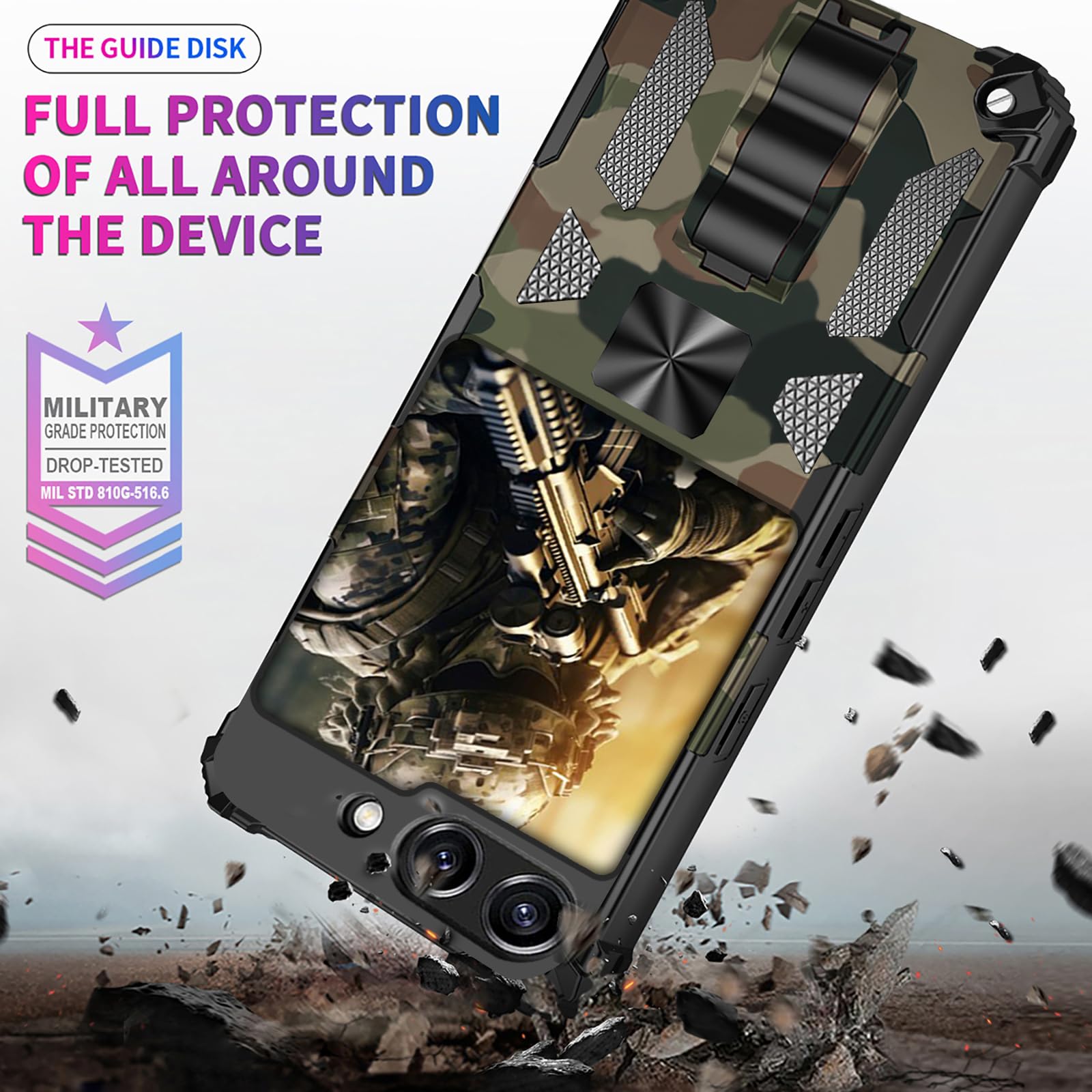 Shockproof Samsung Z Flip6 Case with Kickstand - Army Green Camo for Outdoor & Travel