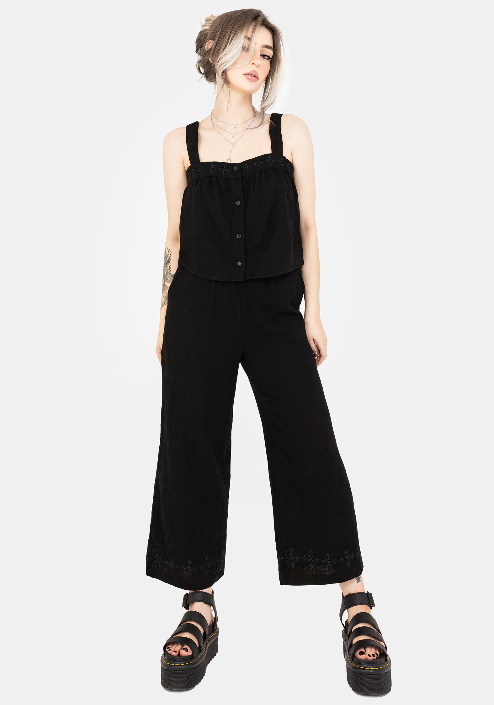 Damara Embroidered Cotton Culottes for Women - High Waisted Wide Leg Palazzo Pants - Summer Boho Beach Vacation Outfit