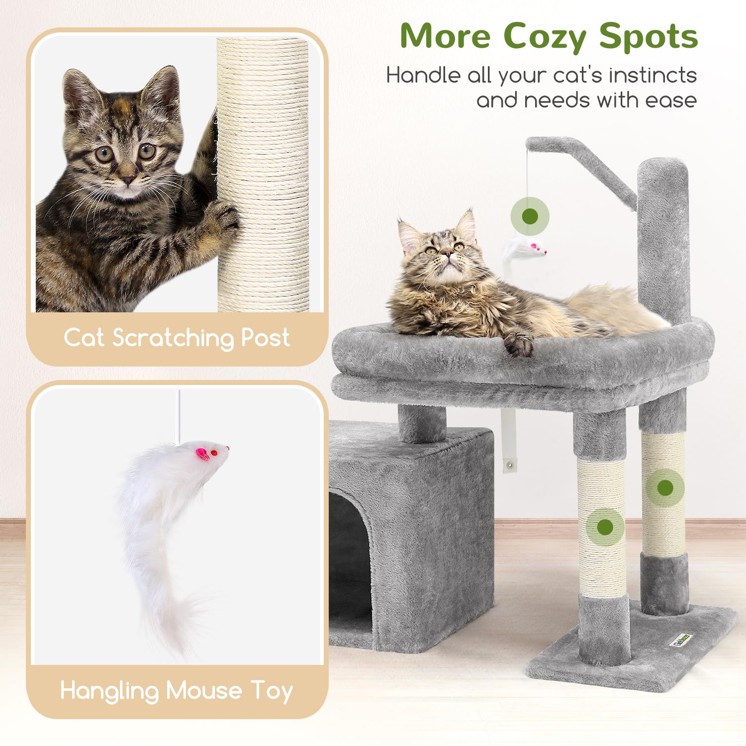 F32 Small Cat Tree for Large Indoor Cats - Sturdy Short Cat Tower with Extra-Large Padded Platform, Senior Cat Tree & Condo for Adult Cats & Kittens (Light Grey) - Perfect for Apartments, Living Rooms & Pet-Friendly Spaces