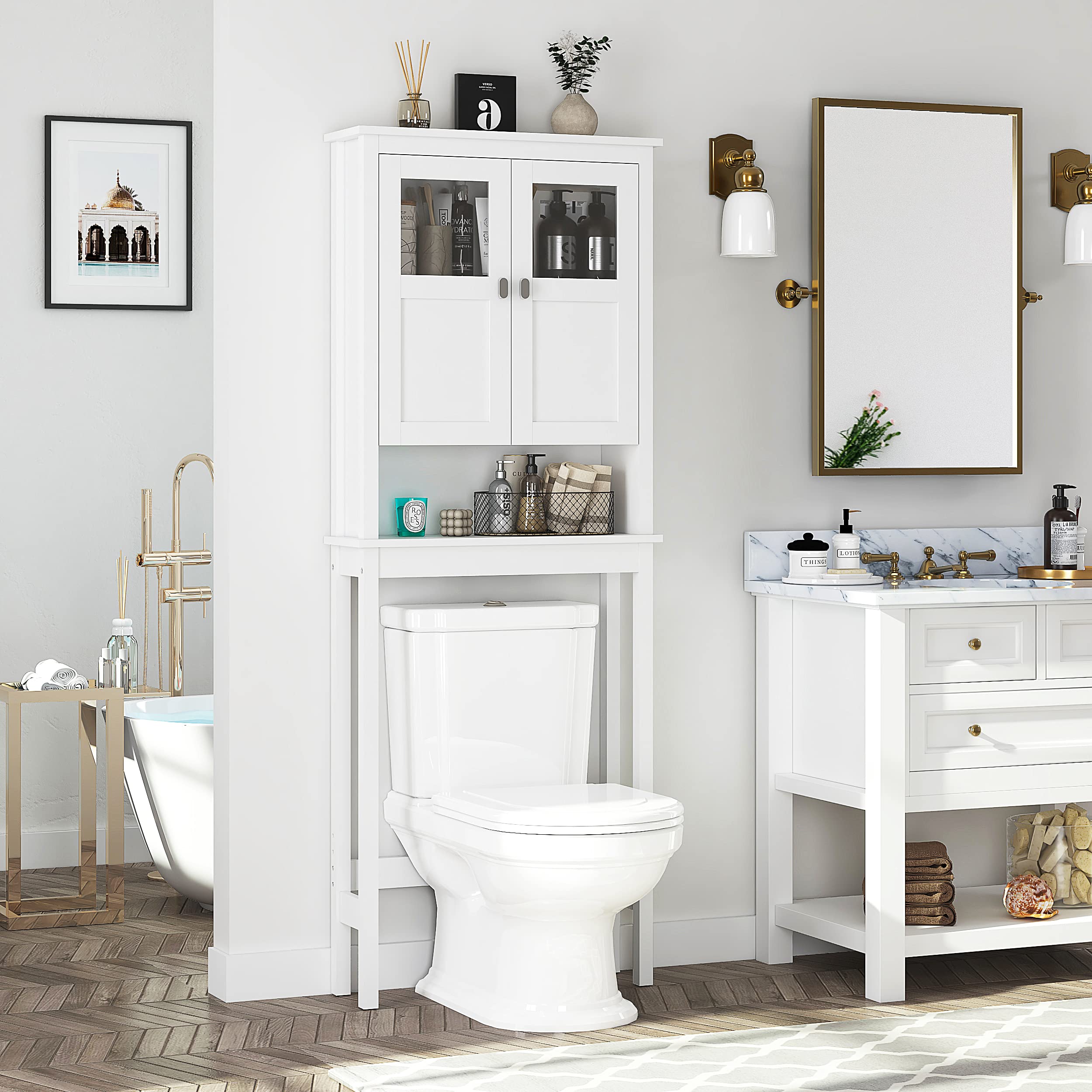White Over The Toilet Storage Cabinet with Glass Doors & Adjustable Shelves - Bathroom Space Saving Organizer for Towels, Toiletries & Cosmetics