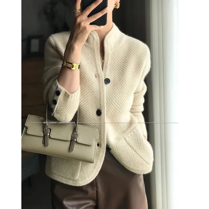 Women's 100% Cashmere Wool Cardigan - Thick Winter Stand Neck Loose Knit Sweater Jacket | Cozy Fall & Winter Layering for Office & Casual Outfits