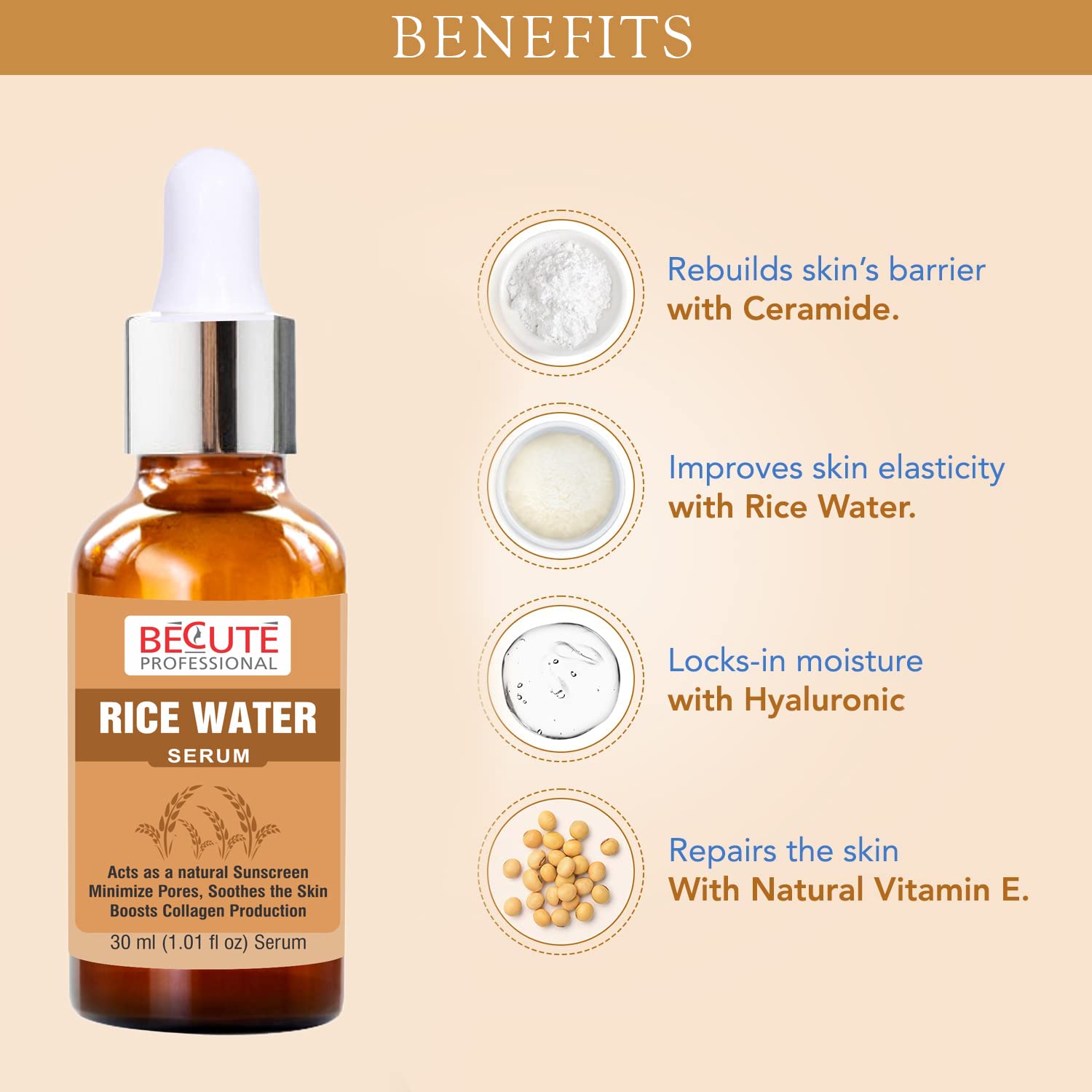 BECUTE Professional Rice Water Face Serum for Acne & Pigmentation Control - 30mL Brightening & Hydrating Facial Treatment for Clear Skin - Perfect for Daily Skincare Routine & Nighttime Use