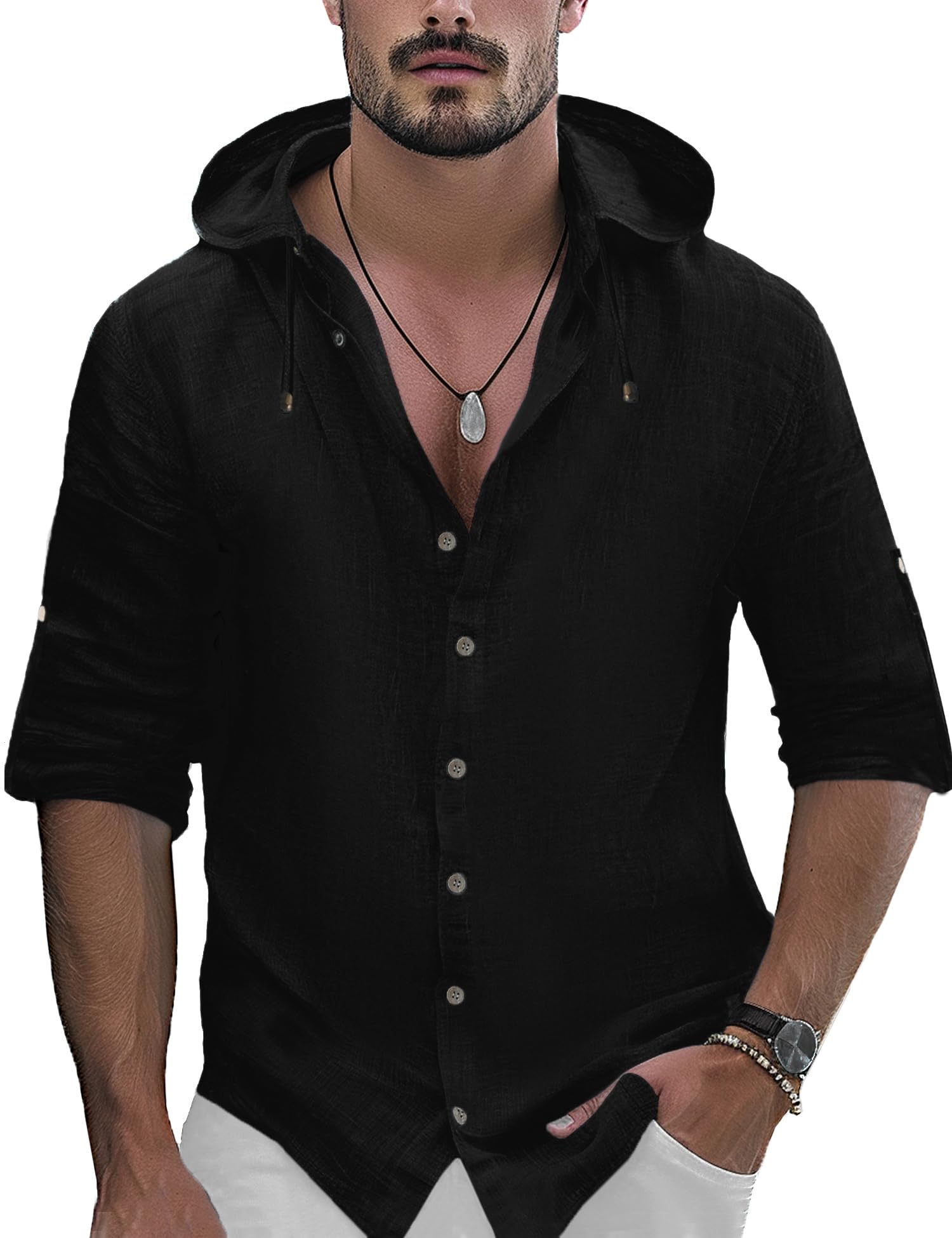 Men's Linen Shirts - Casual Button Down Long Sleeve Shirt with Roll-Up Sleeves | Breathable Summer Beach Top with Hood | Perfect for Outdoor Activities, Vacations & Casual Wear
