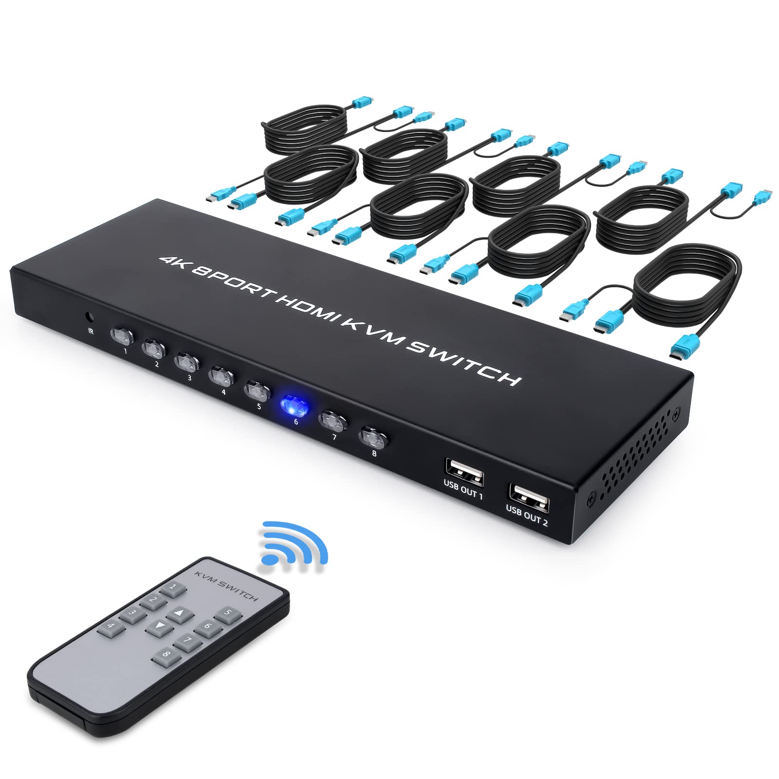 8 Port 4K KVM Switch HDMI USB - Share 4K@30Hz Monitor & 4 USB Devices for 8 Computers, Includes IR Remote & 8 HDMI/USB Cables - Perfect for Home Office, Gaming, and Multi-PC Workstations