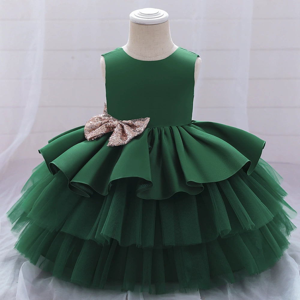 Green Princess Round Tea Length Satin Flower Girl Dress - Perfect for Weddings, Birthday Parties & Special Occasions