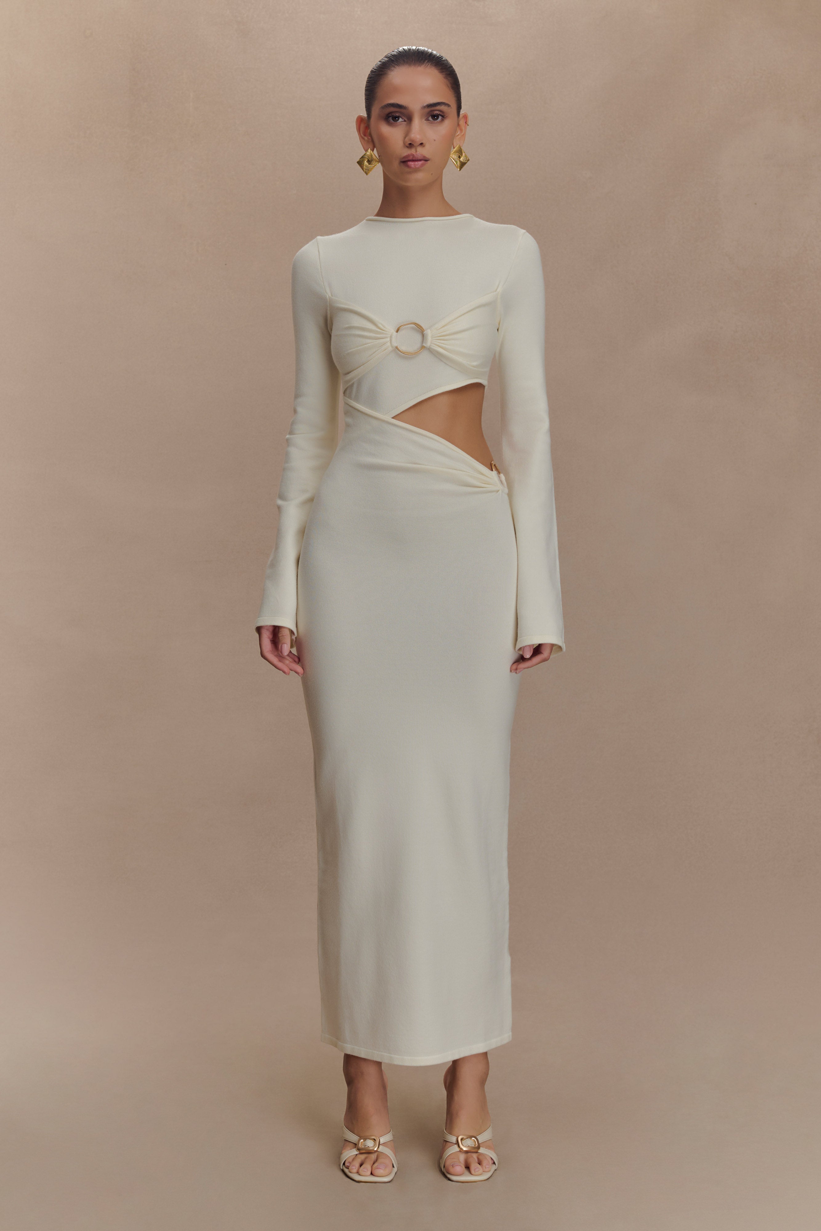 Azariah Women's Long Sleeve Knit Midi Dress - Ivory | Elegant Casual & Office Wear | Perfect for Fall/Winter Seasons