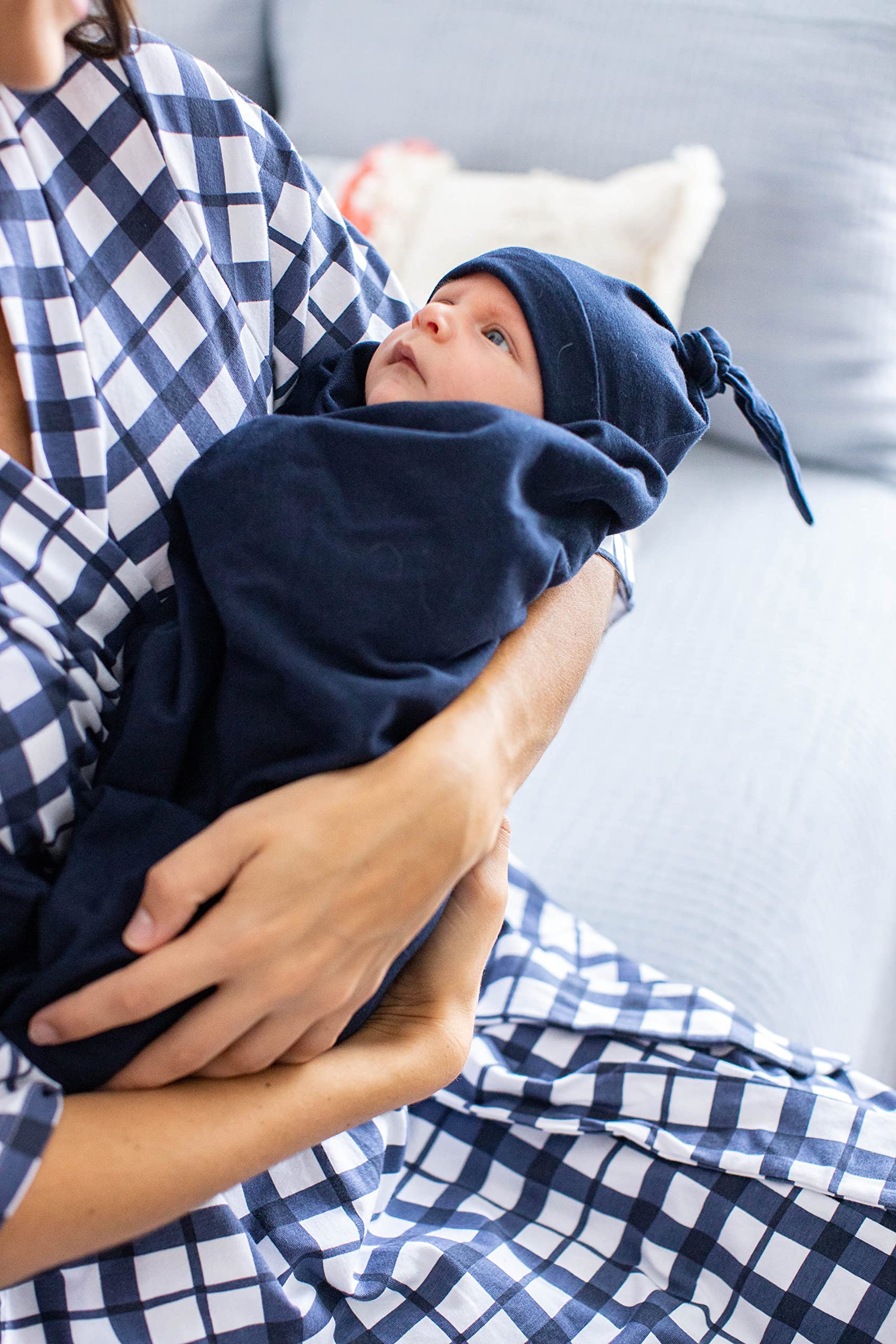 Baby Be Mine Maternity Nursing Delivery Robe & Baby Girl Swaddle Blanket Set with Daddy T-Shirt (2XL/3XL Robe - 2XL Tshirt, Blue Gingham/Blue) - Perfect for Hospital Delivery, Newborn Photography & Family Bonding Time