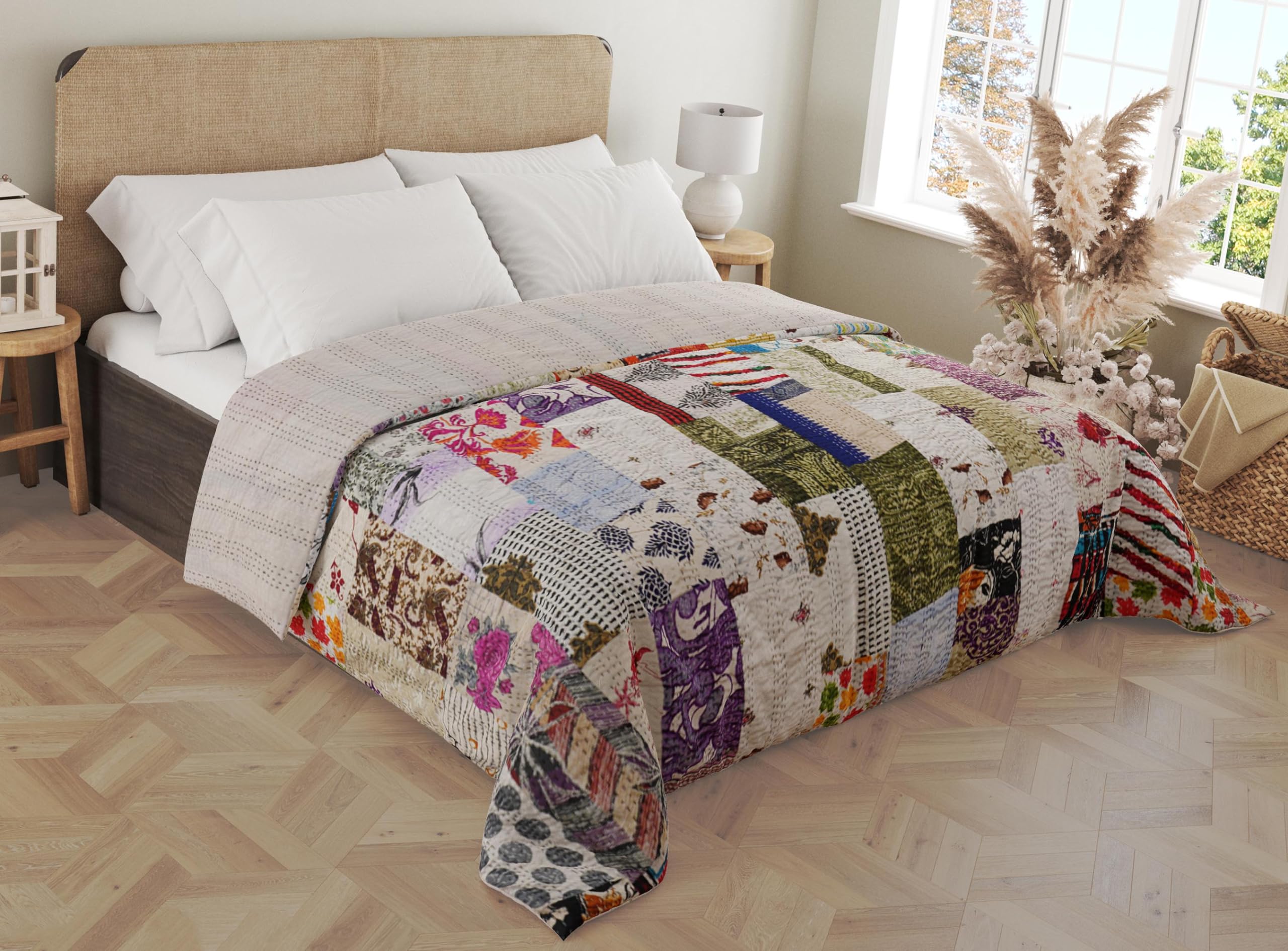 Handmade Indian Kantha Cotton Quilt - Queen Size 90x108 Inch - Traditional Silk Sari Patchwork Blanket for Bed, Sofa & Home Decor | Marubhumi Premium White Throw