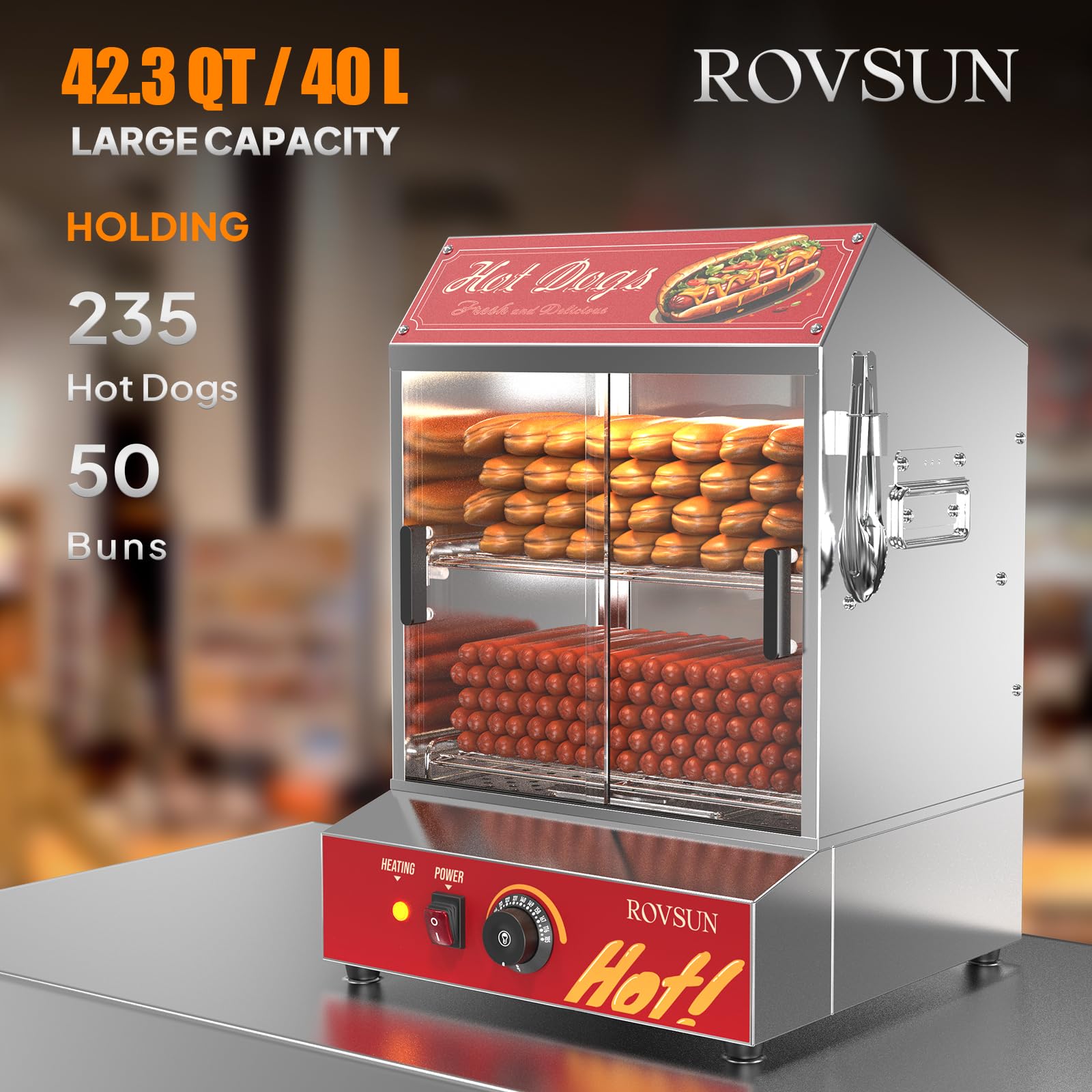 ROVSUN 42.3QT/40L Commercial Hot Dog Steamer - 2-Tier Hot Dog Warmer with Bun Heater for 235 Hot Dogs & 50 Buns - Removable Shelves & Food Clip - Perfect for Parties, Events, Concession Stands & Food Trucks