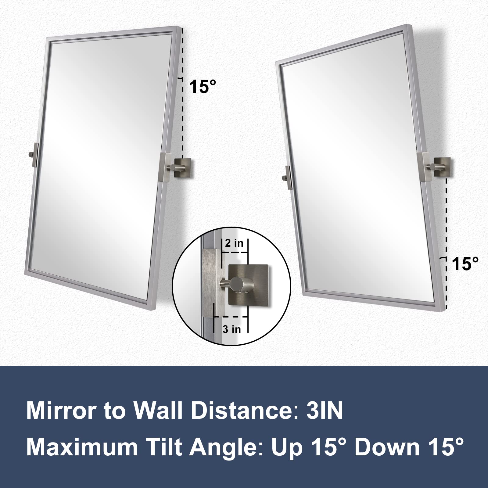 24x36 Inch Modern Silver Pivot Mirror - Square Pivots, Floating Bathroom Wall Mirror for Vanity, Vertical Hanging (27.75