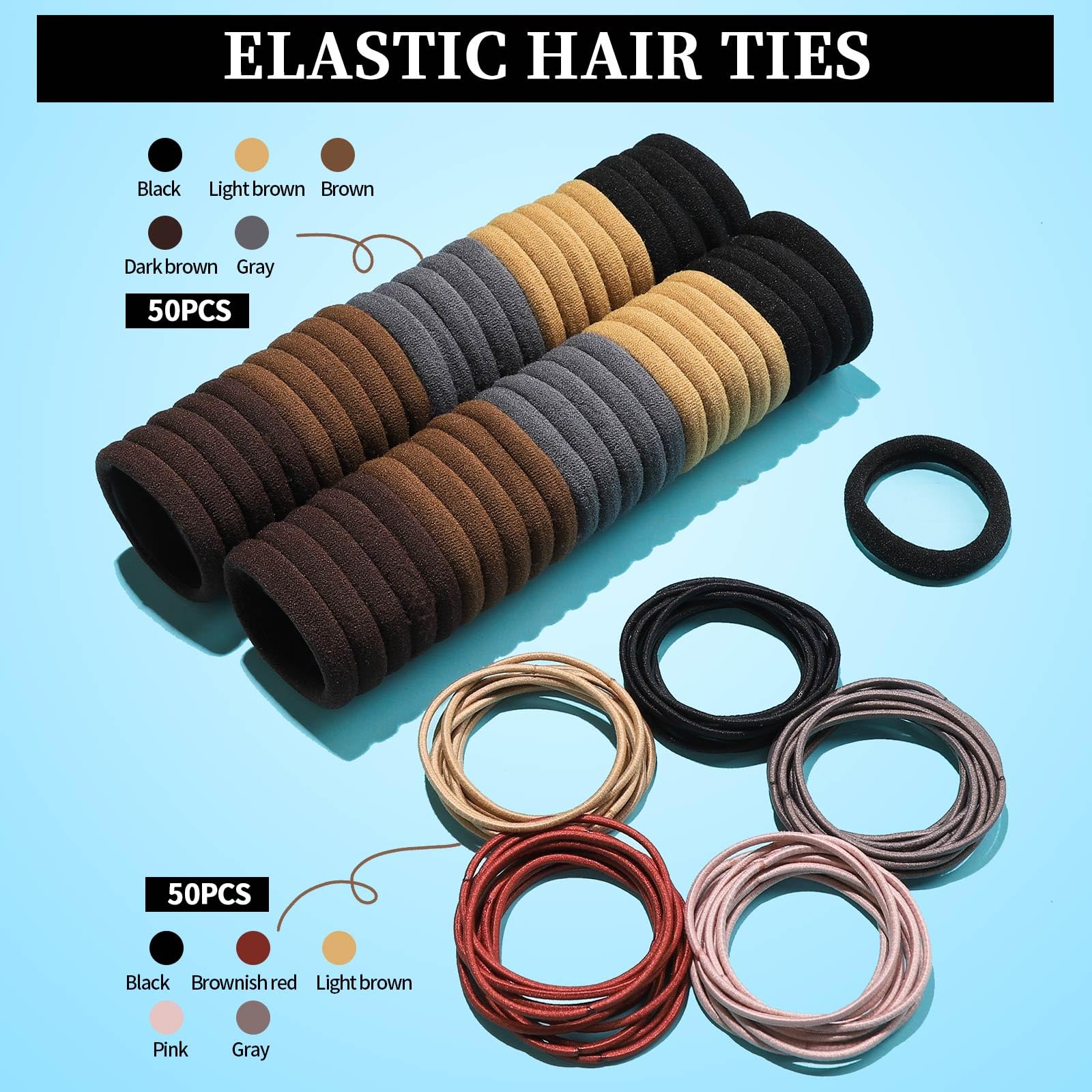 FANDAMEI Hair Accessories Kit for Women - 50 Pcs Elastic Hair Ties, Cotton Headbands, Rubber Bands, Bobby Pins & Rat Tail Comb - Perfect for School, Work, Gym and Everyday Styling