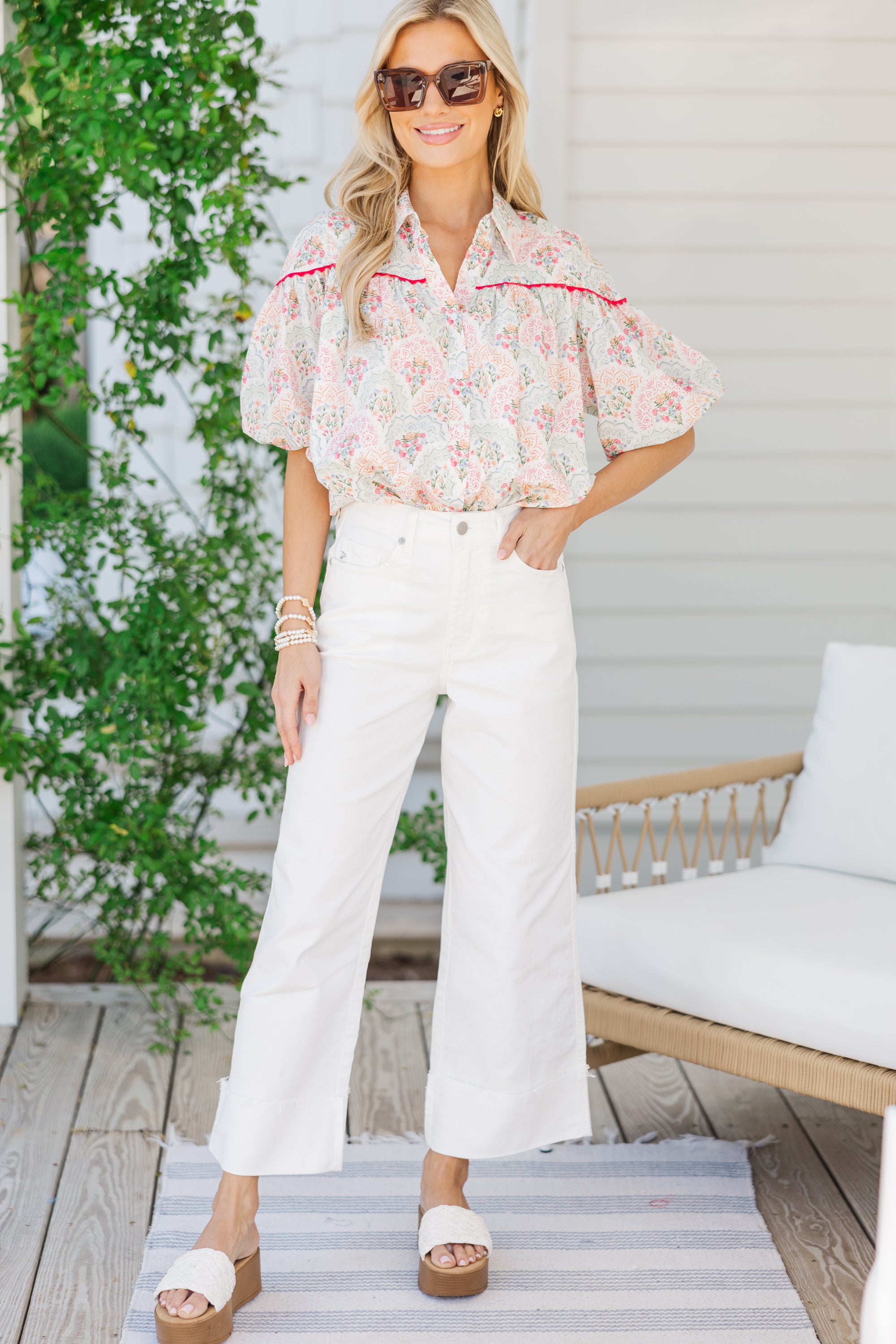 Stylish Pink & Mint Medallion Puff Sleeve Blouse for Women - Trendy Floral Print Top for Office, Date Night & Spring Outfits