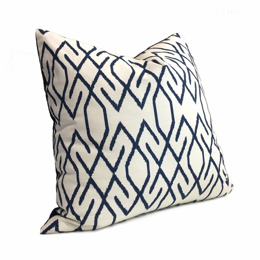 **Zoe Ikat Lattice Navy Blue & Off White Geometric Pillow Cover - Handmade with Premium Lacefield Designs Fabric - Perfect for Sofa, Bed & Home Decor**
