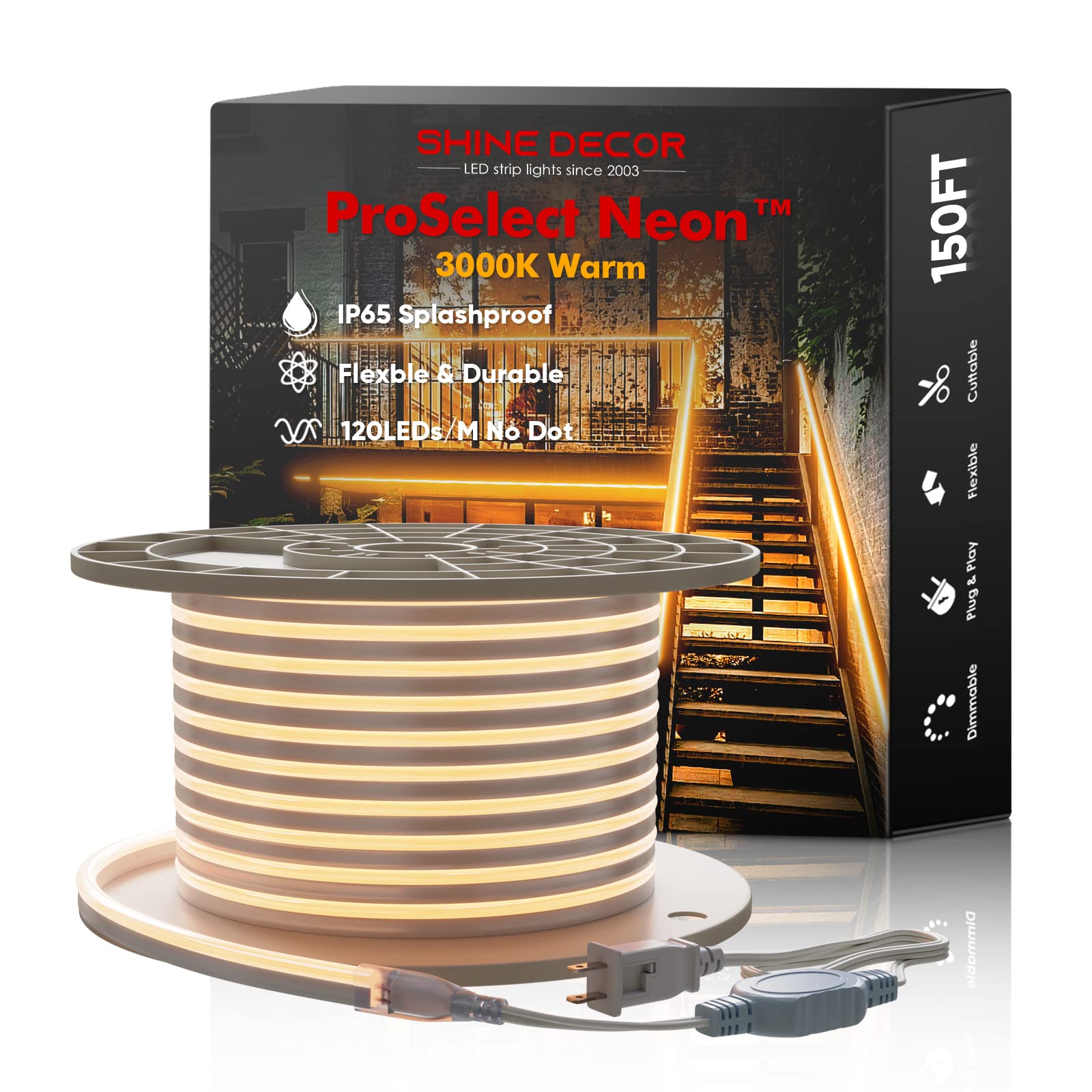 Shine Decor LED Neon Rope Lights 150FT - ETL Certified 120V Flexible Dotless Strip Lighting (3000K Warm White, 120LEDs/M) - IP65 Waterproof & Custom Cuttable for Indoor/Outdoor Use - Perfect for Home Decor, Wedding Lighting, Bar Signs & Landscape Illumination