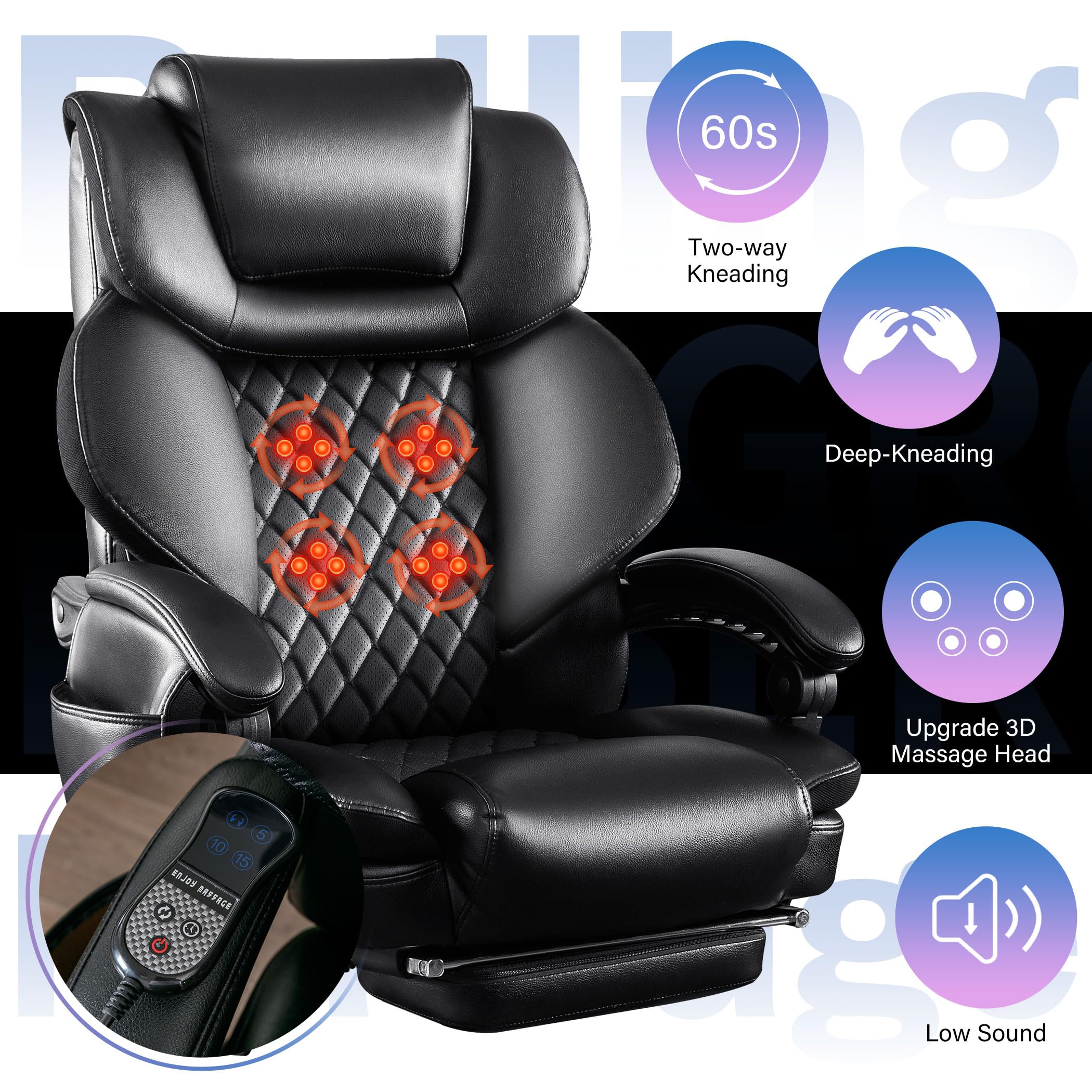 Big and Tall Executive Chair 500lbs Capacity - 3D Rolling Massage Lumbar Support, High Back Recliner with Footrest, Wide Breathable Seat - Office & Home Desk Chair for Large Men - Perfect for Long Work Hours & Gaming Sessions
