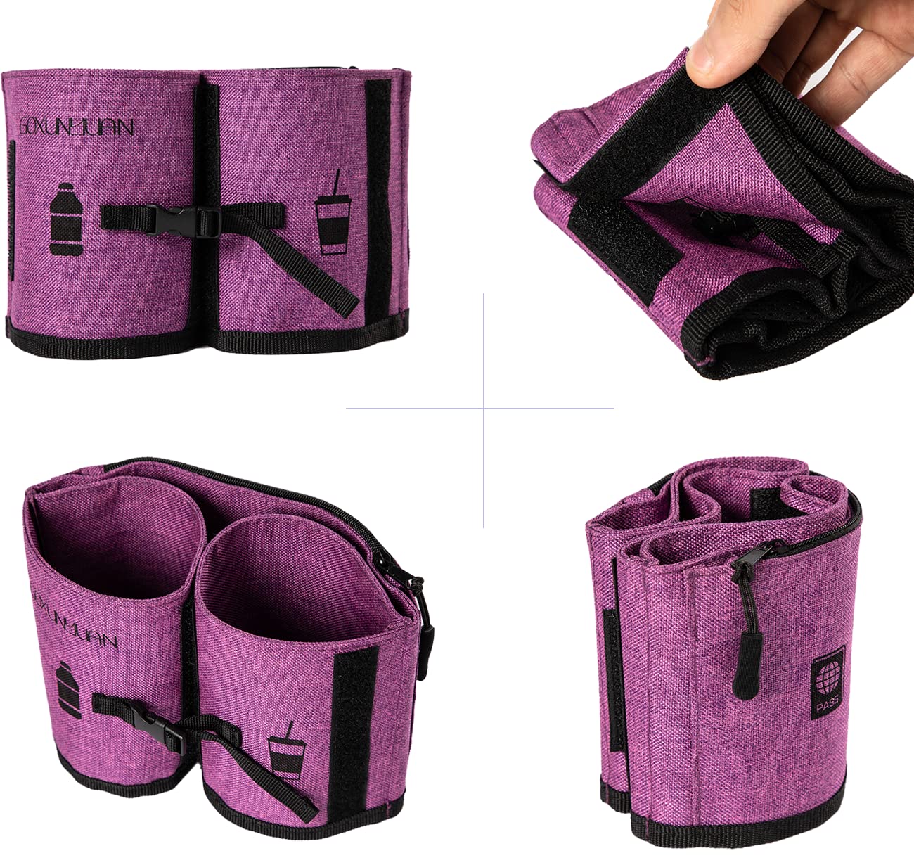 Universal Travel Cup Holder for Suitcases - Portable Drink Caddy Fits All Roll-On Luggage Handles | Holds 2 Coffee Mugs or Water Bottles | Perfect Travel Accessory for Men & Women (Purple) | Ideal for Airports, Road Trips & Commuting