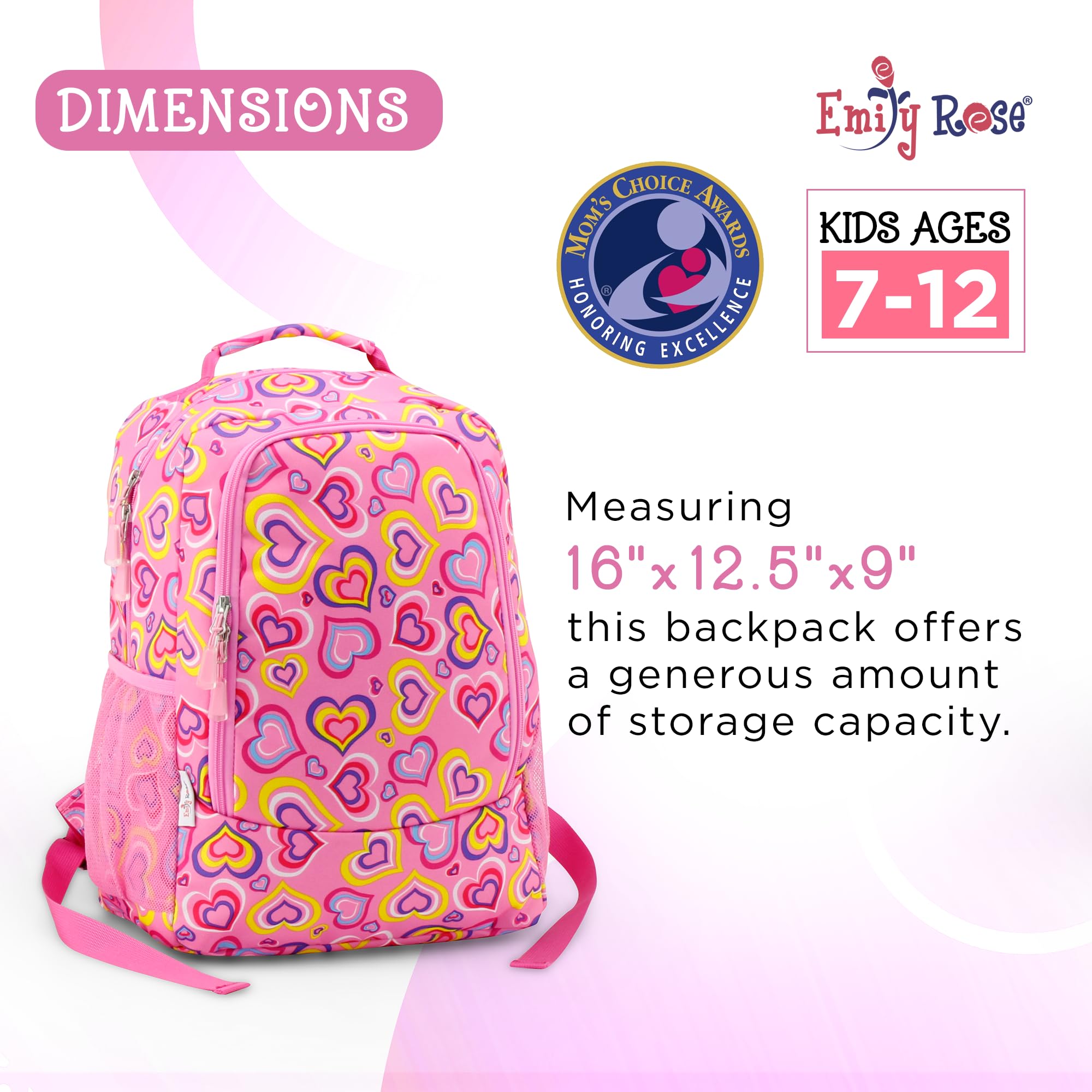 Emily Rose Kids Backpack 16 Inch - School Bookbag for Elementary & Kindergarten Girls with Notebook & Pencils - Cute Playful Hearts Design - Perfect for School, Travel, Daycare & Outdoor Adventures