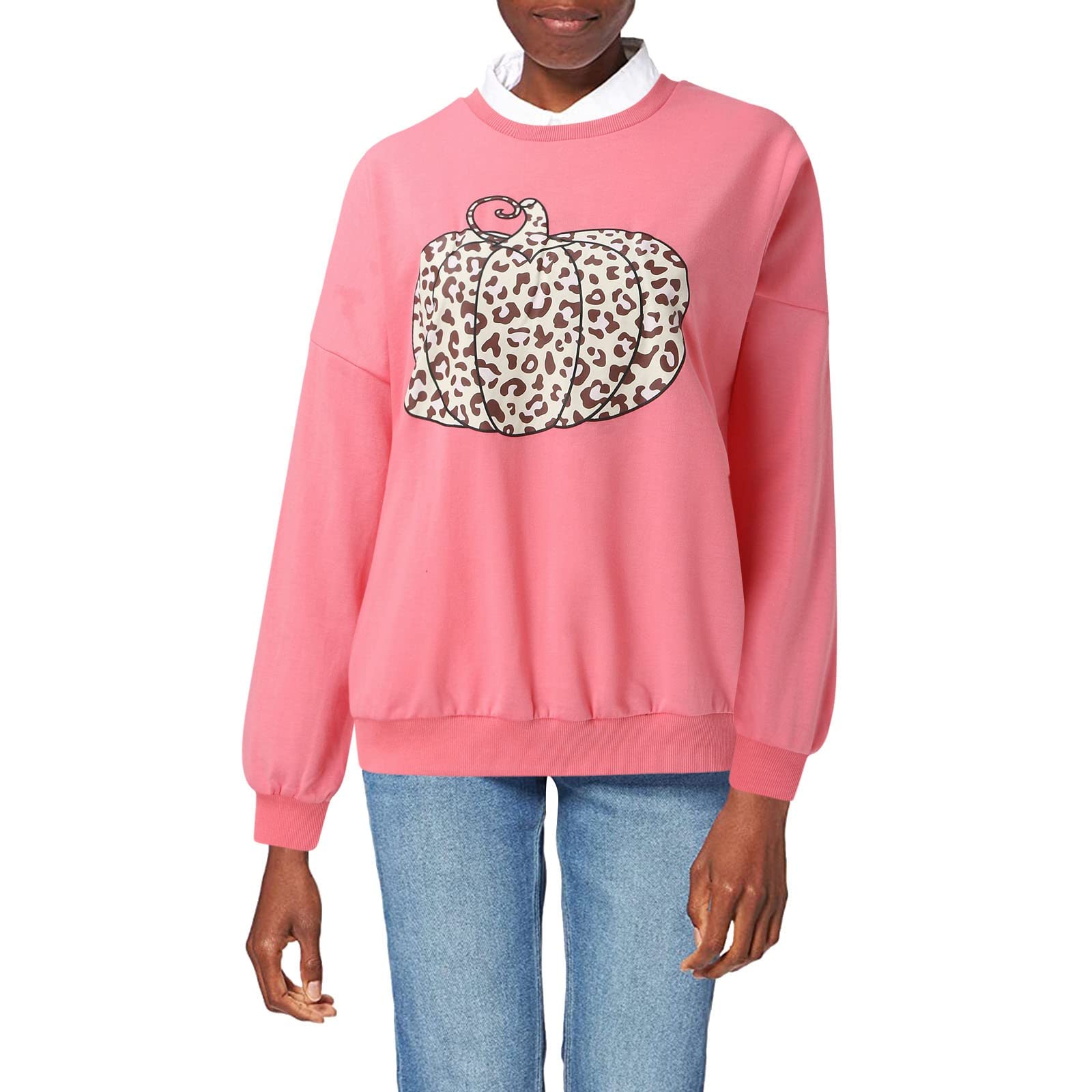 Women's Halloween Leopard Pumpkin Print Long Sleeve Crewneck Sweatshirt - Graphic Workout Top for Women | Cozy Fall Fashion, Costume Party Outfit & Casual Streetwear