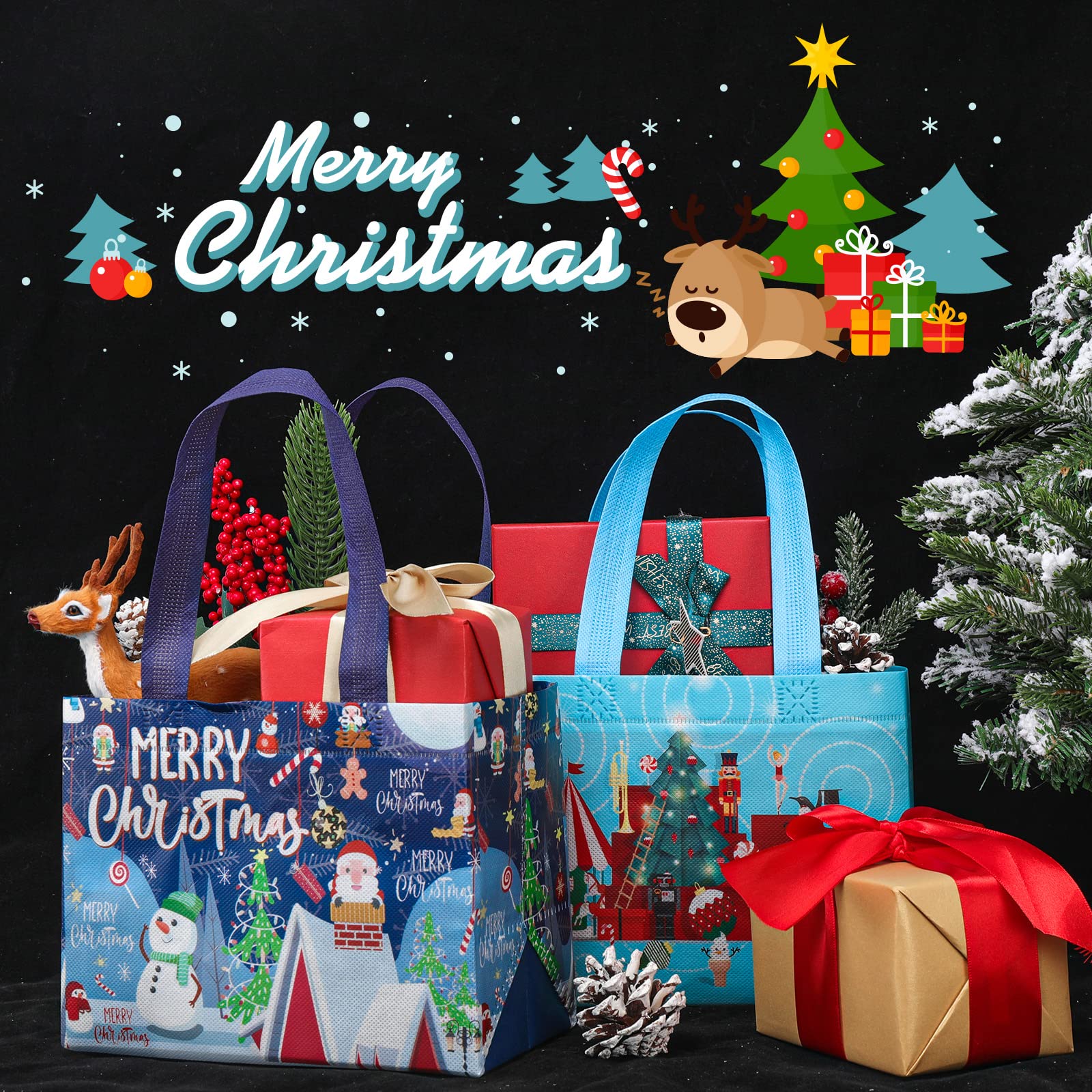 Whaline 16Pcs Christmas Gift Bags with Handles - Reusable Waterproof Tote Bags for Holiday Party & Shopping (4 Designs)