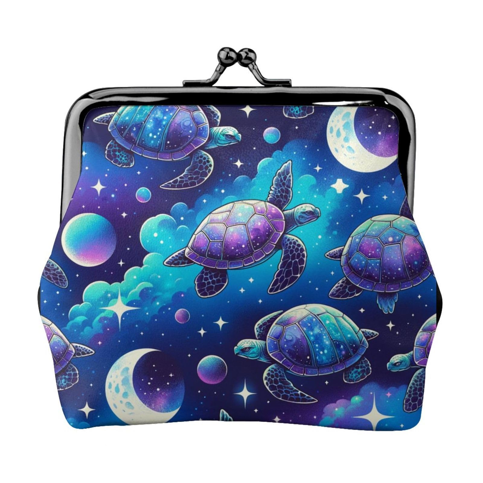 Stylish PU Leather Buckle Coin Purse - Turtle Moonlit Walk Galaxy Design - Girls' Kiss-Lock Change Wallet for Everyday Use, Gift Giving & Travel Accessories