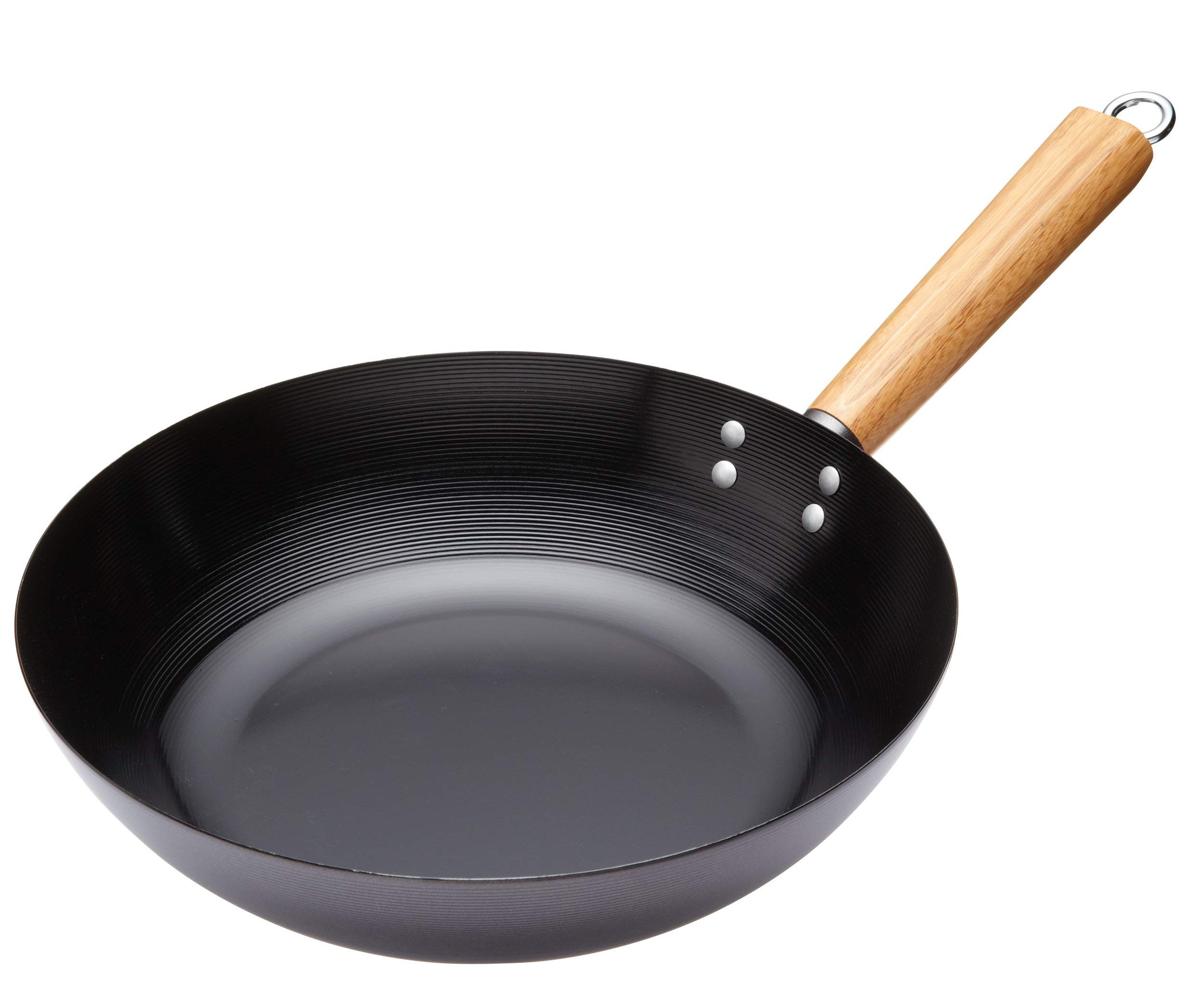 30cm Non-Stick Carbon Steel Wok with Wooden Handle - World of Flavors Oriental Stir Fry Pan for Asian Cooking, Home Kitchen & Professional Chef Use