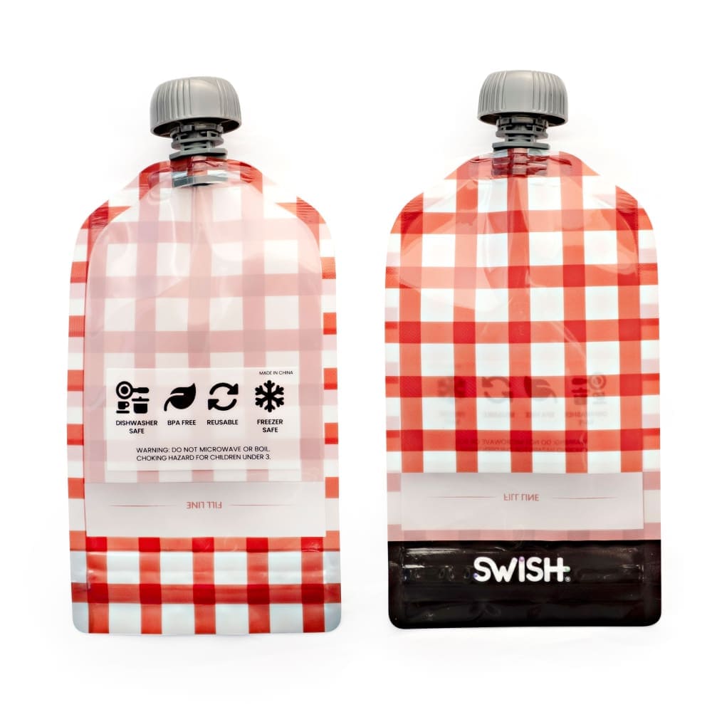 Swish Reusable Food Pouches 140ml (5 Pack) - BPA-Free, Leak-Proof Baby Food Storage for On-the-Go Snacks, Purees & Smoothies - Mixed Checked Designs - Perfect for School Lunch, Travel & Outdoor Activities
