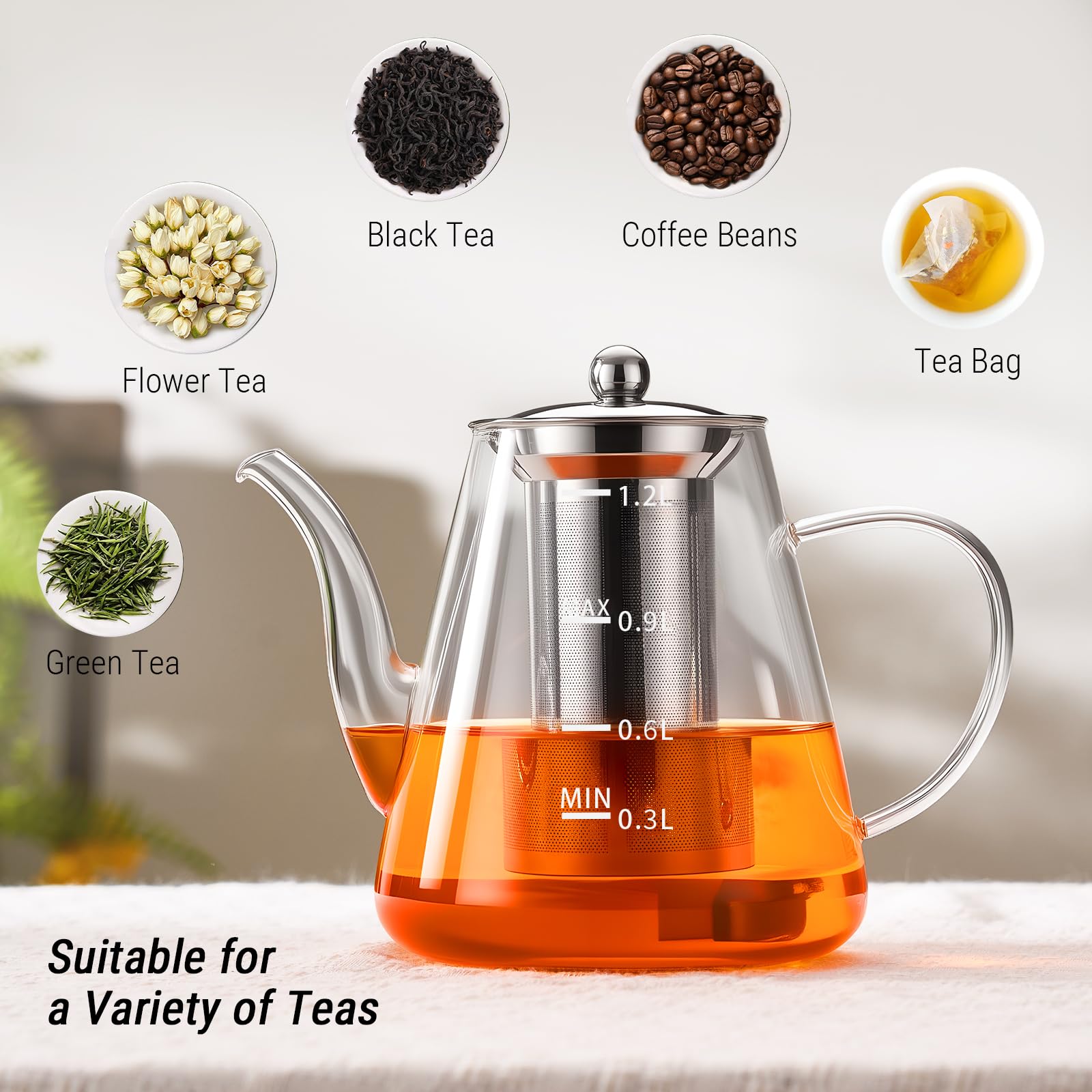Premium Borosilicate Glass Teapot with Removable Stainless Steel Infuser - 41oz/1200ml Clear Stovetop Tea Kettle with Measurement Scale - Perfect for Blooming, Loose Leaf & Herbal Tea Brewing - Ideal for Home, Office, Camping & Outdoor Use