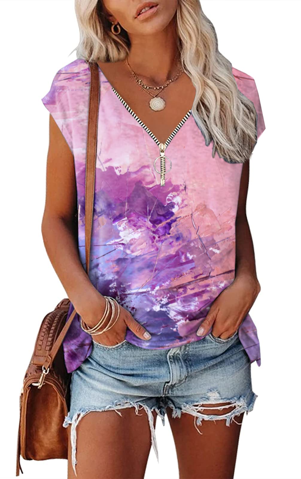 Women's Cap Sleeve Tank Tops - Loose Fit Fashion Zipper V-Neck Summer Tops - Cute Printed Tunic Blouse T-Shirts for Casual Wear, Beach Outfits & Summer Fashion