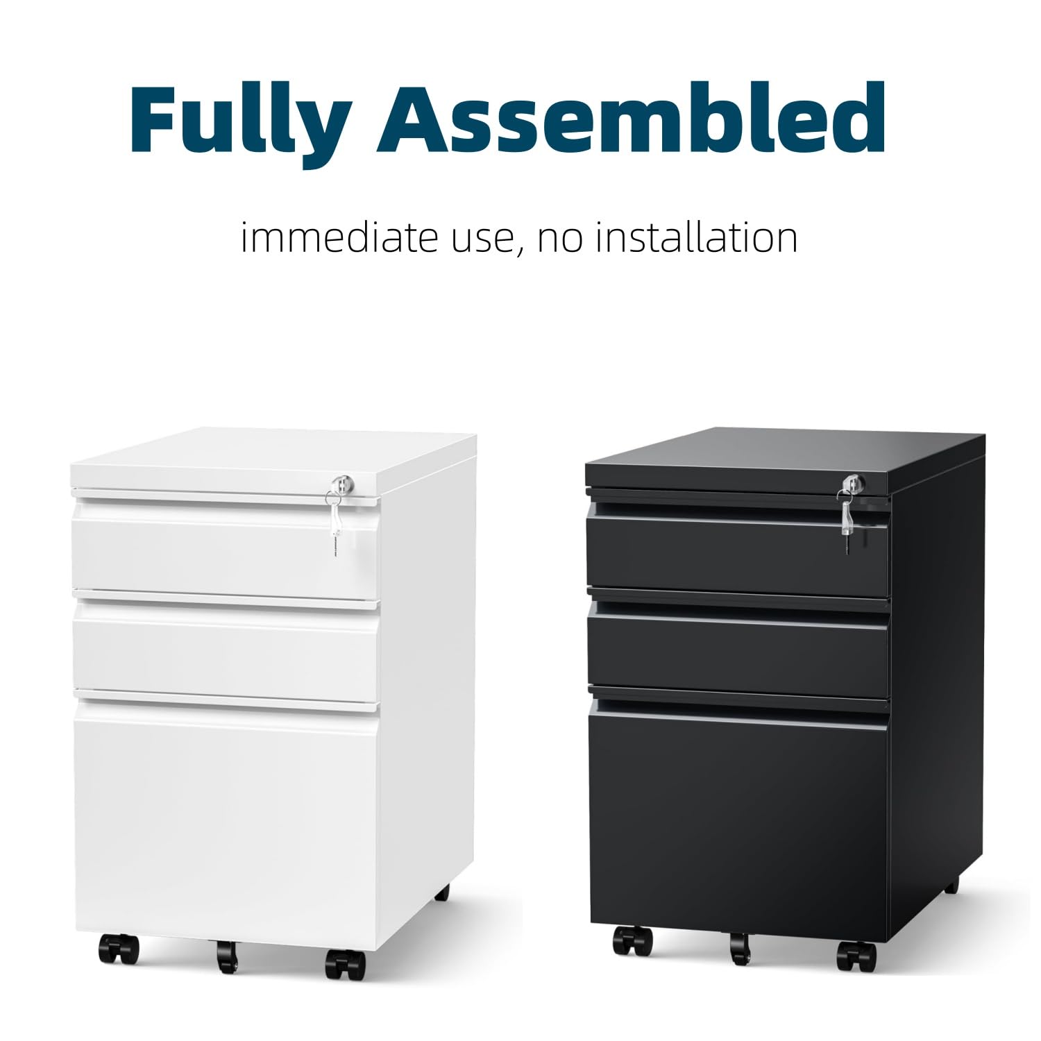 3 Drawer Locking File Cabinet for Home Office - Fully Assembled Mobile Storage for A4, Letter & Legal Size Documents - Under Desk Organizer for Papers, Folders & Office Supplies (White)