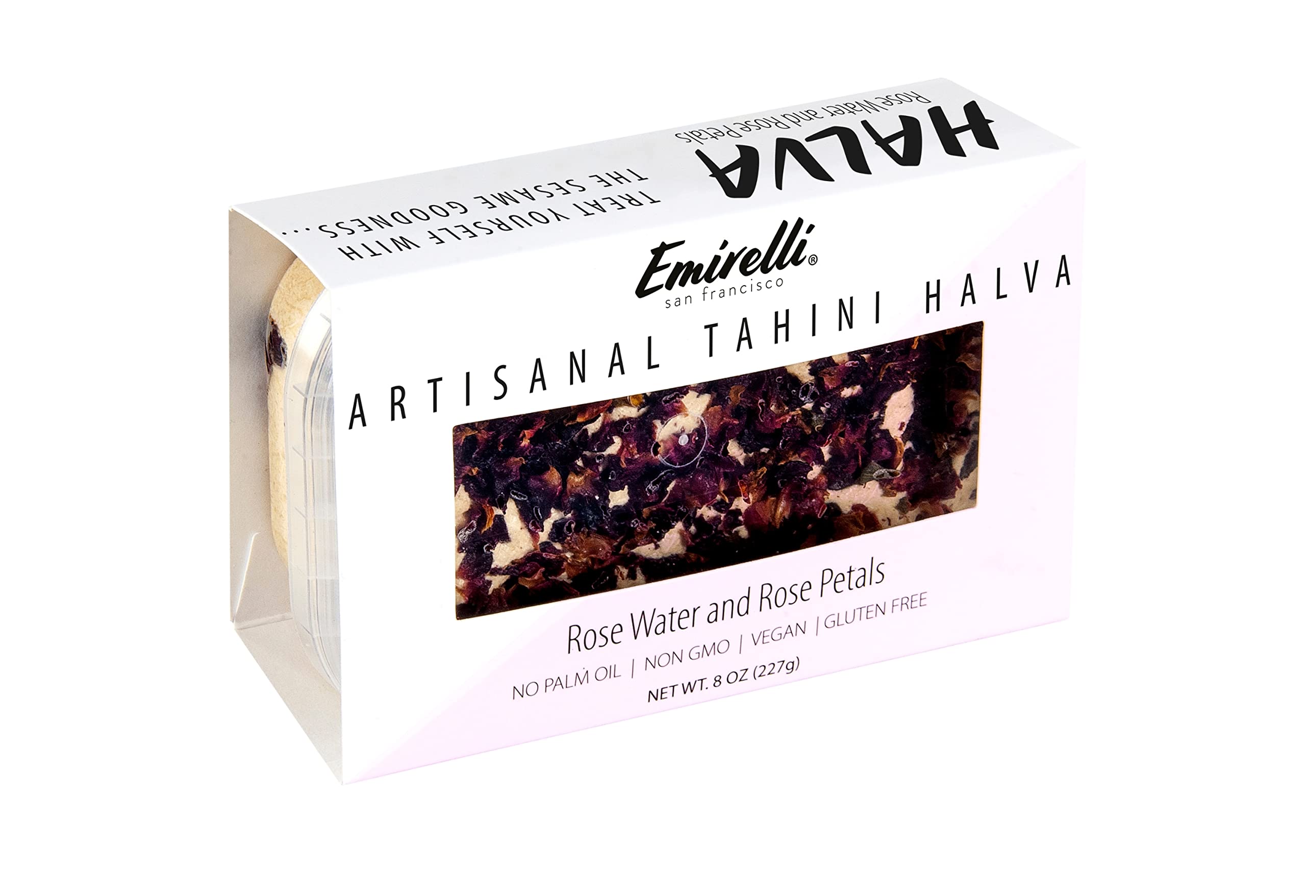 Premium Emirelli Artisanal Halva Dessert - Authentic Middle Eastern Tahini Candy | Vegan Turkish Sweets 55% Tahini Halwa | Traditional Halvah with Rose Water & Petals | Perfect for Gifts, Snacking & Middle Eastern Cuisine | Pack of 1